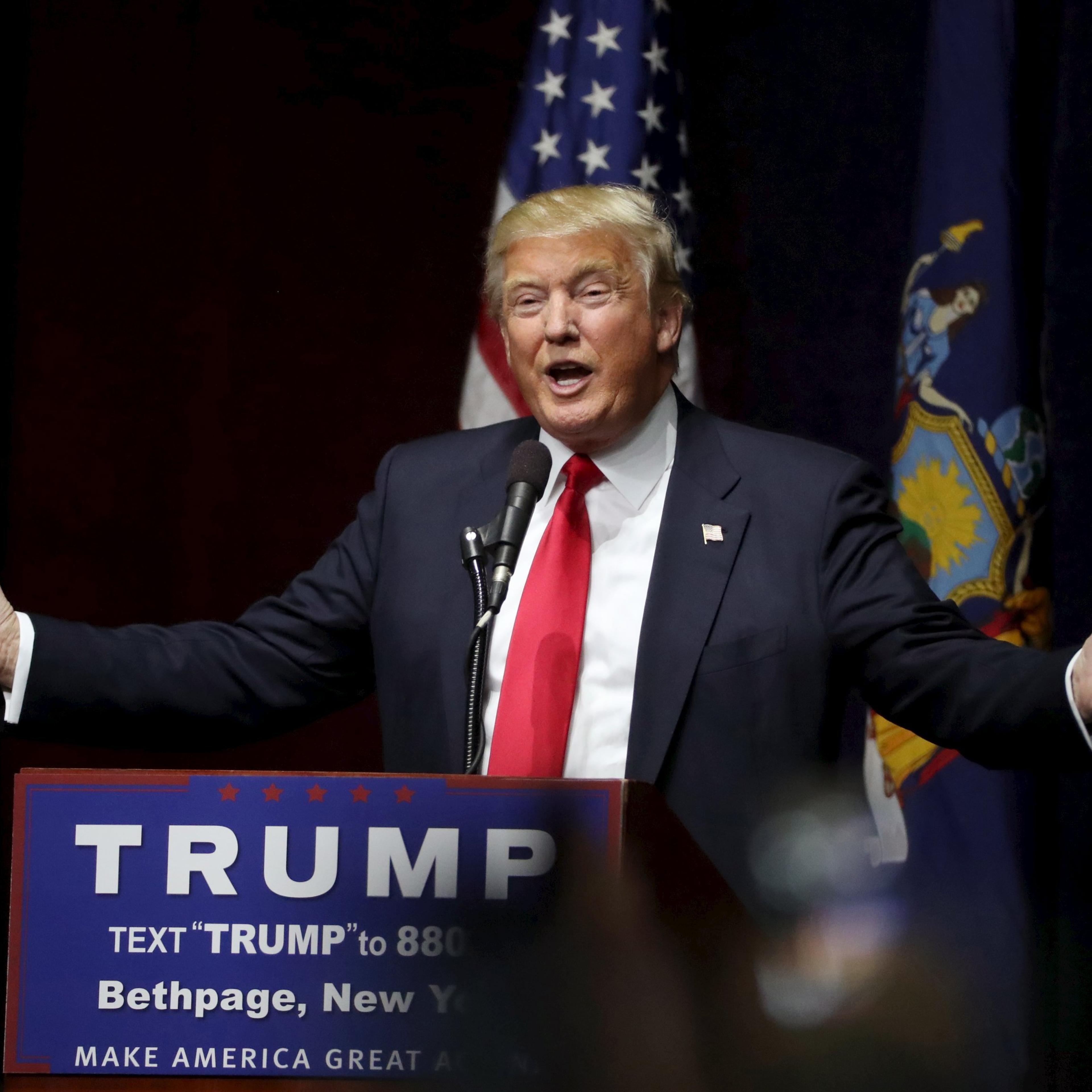 Republican presidential candidate Donald Trump speaks at a campaign rally in Bethpage, New York on April 6, 2016.