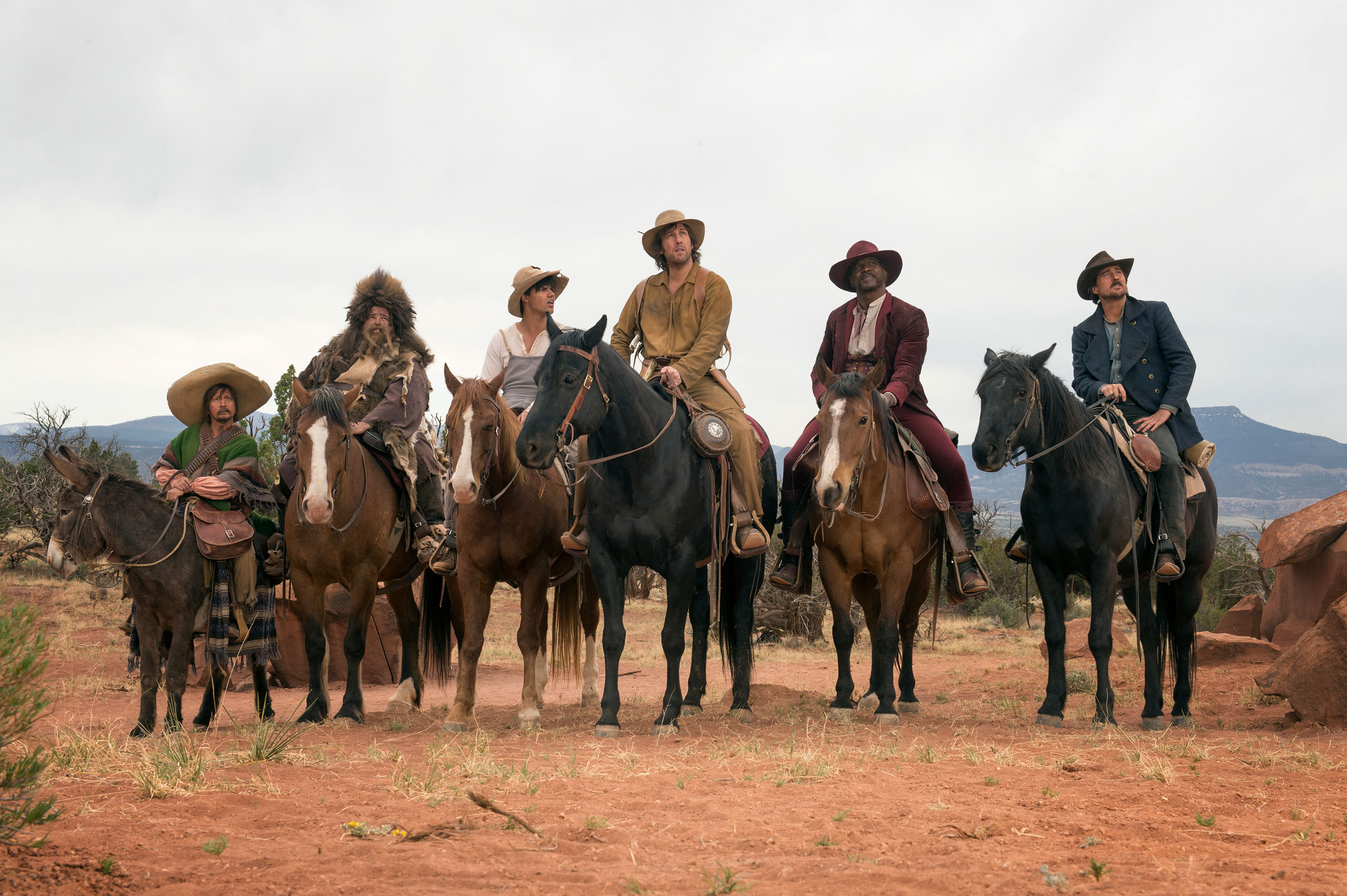 Adam Sandler, Rob Schneider, Taylor Lautner, Luke Wilson, Jorge Garcia and Terry Crews in "The Ridiculous 6."