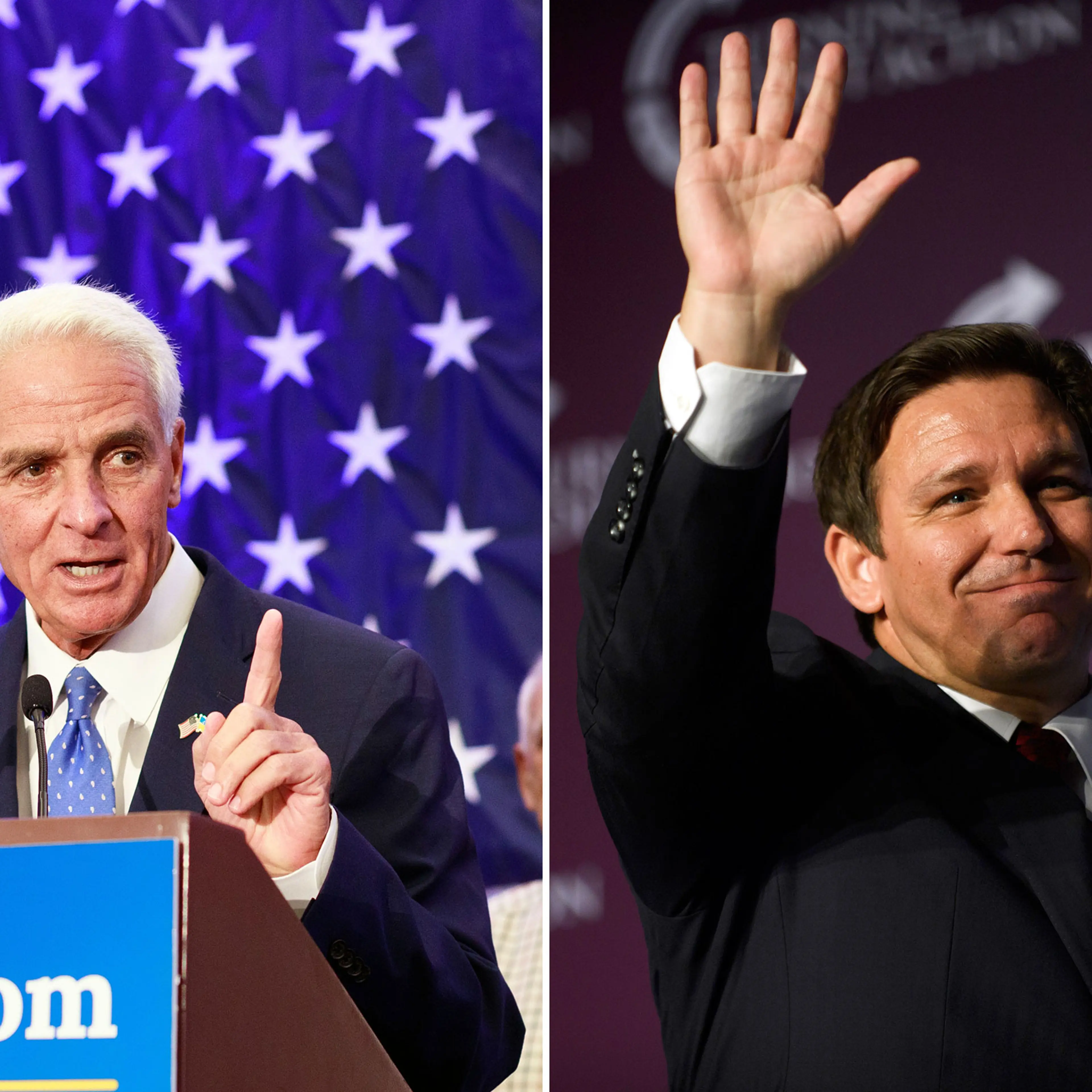 diptych of Charlie Crist and Ron DeSantis