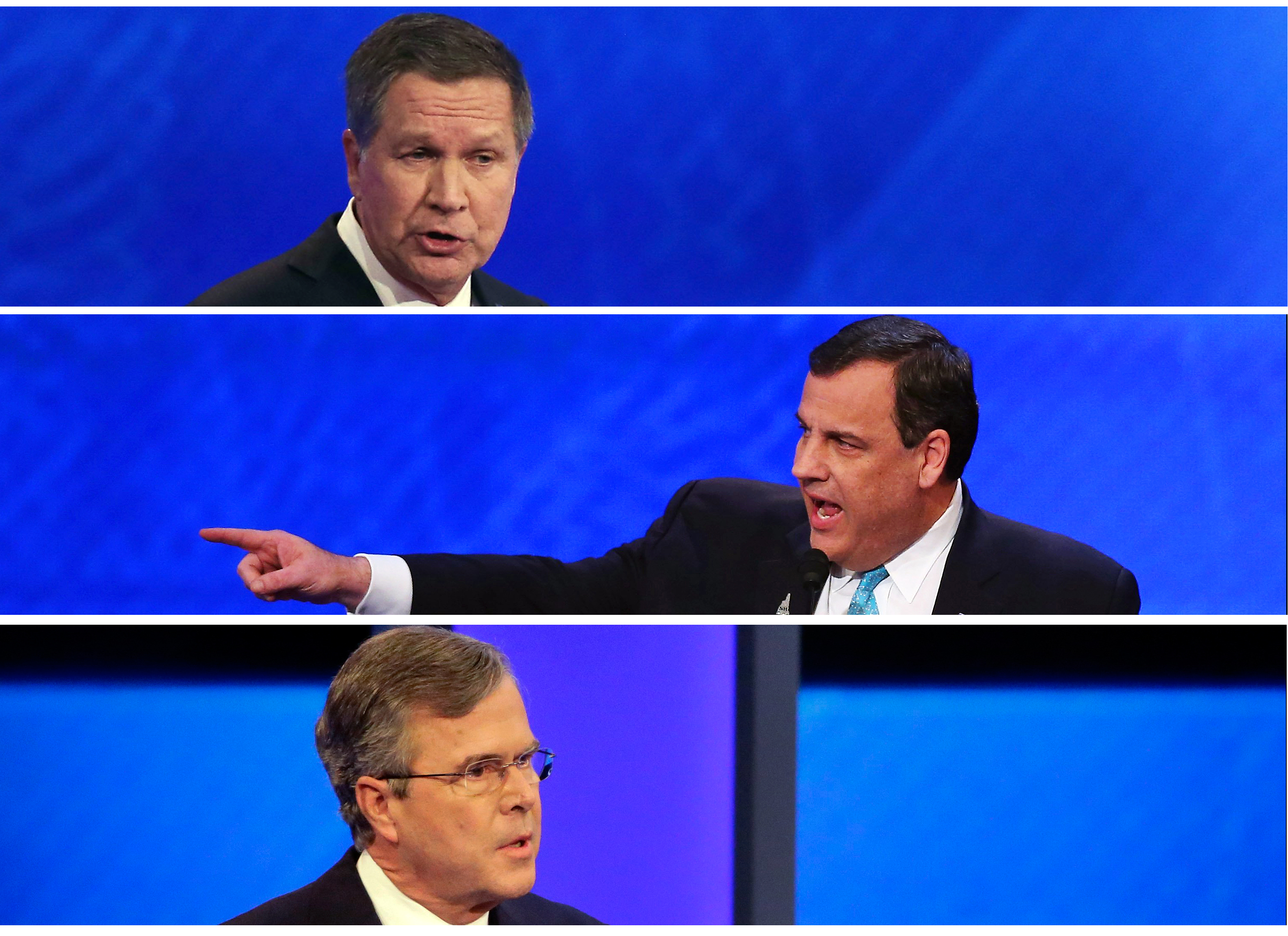 This combination of photos show Republican presidential candidates, Ohio Gov. John Kasich, New Jersey Gov. Chris Christie and Former Florida Gov. Jeb Bush during a Republican presidential debate on Feb. 6, 2016 at Saint Anselm College in Manchester, N.H.
