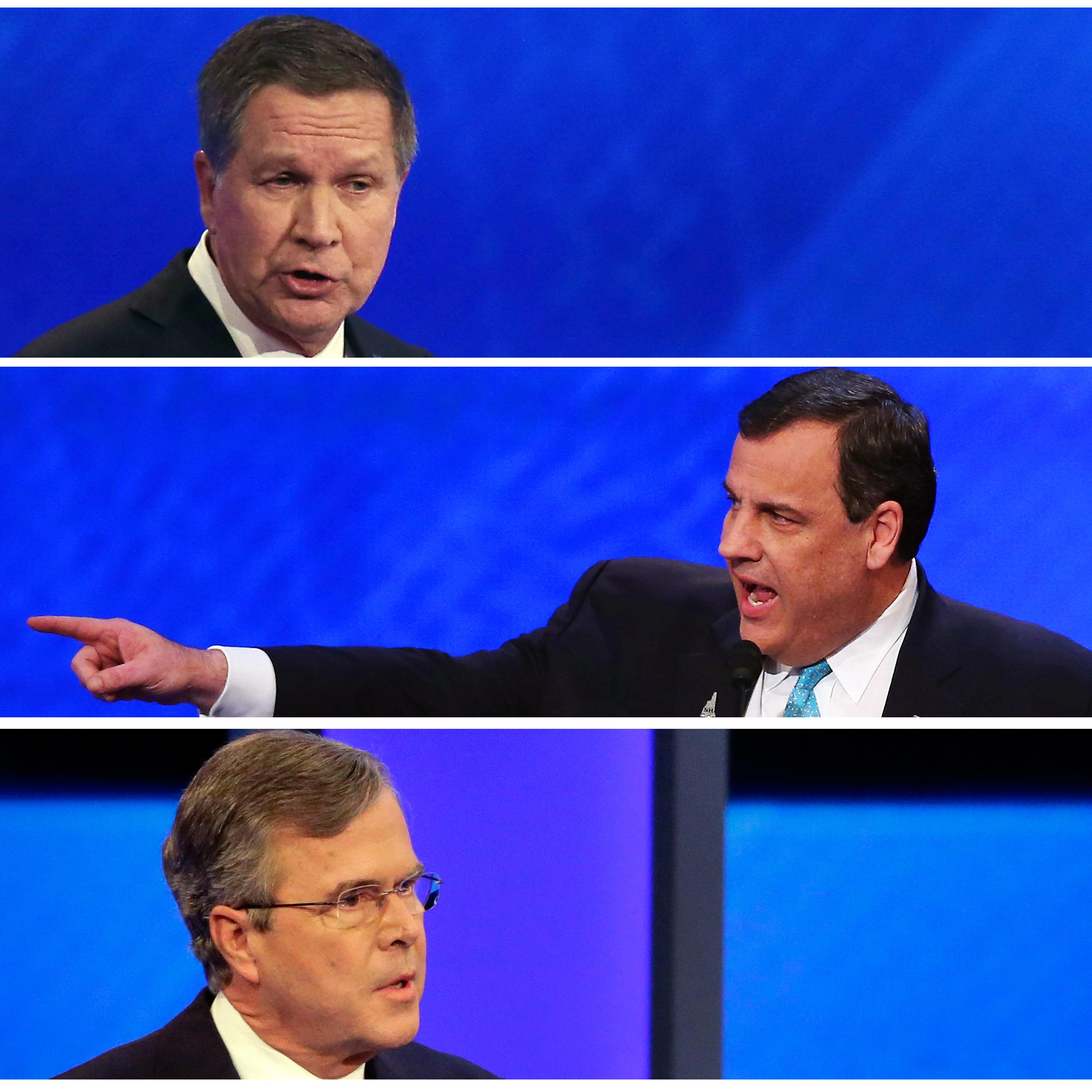 This combination of photos show Republican presidential candidates, Ohio Gov. John Kasich, New Jersey Gov. Chris Christie and Former Florida Gov. Jeb Bush during a Republican presidential debate on Feb. 6, 2016 at Saint Anselm College in Manchester, N.H.