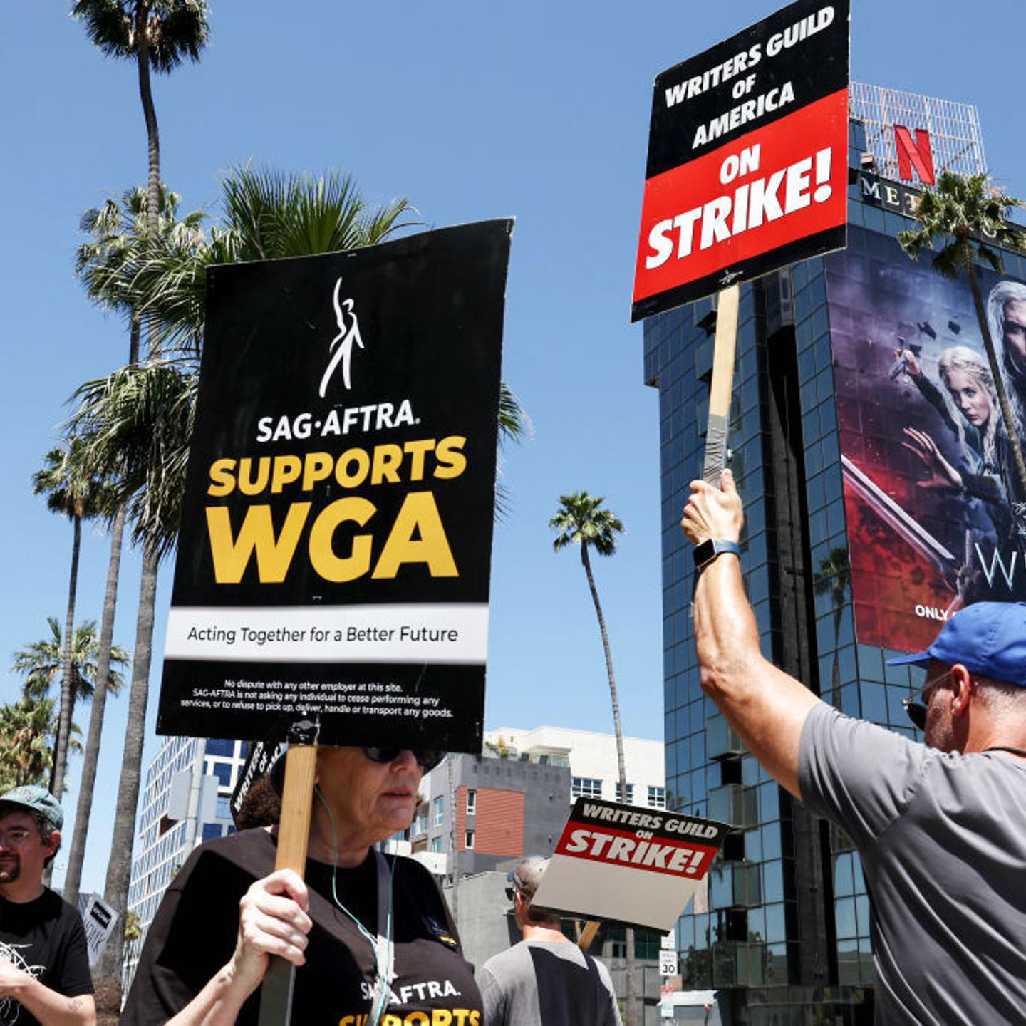 SAG-AFTRA Union Members Join Writers Picket Line At Netflix Headquarters