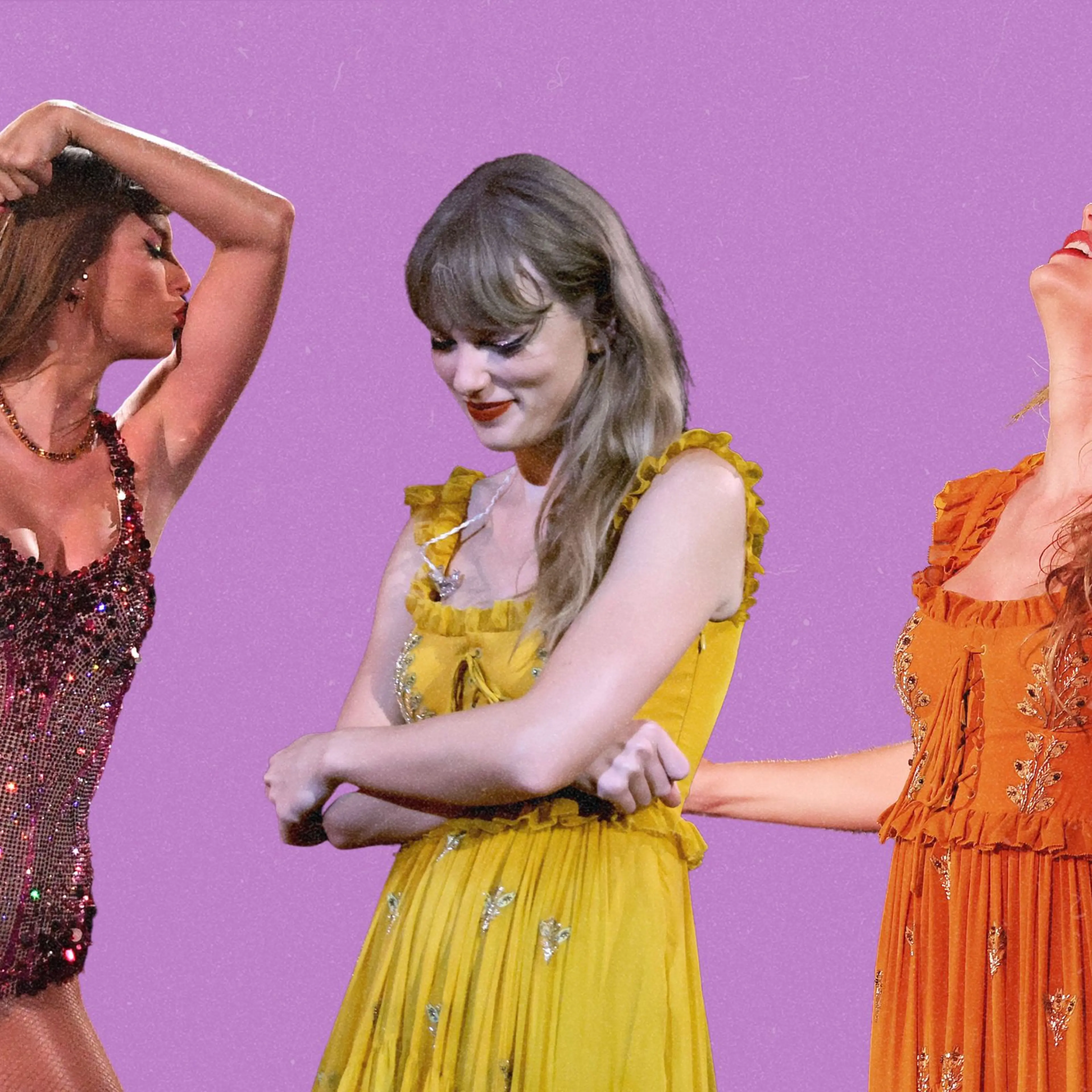 three images of Taylor Swift on a purple background