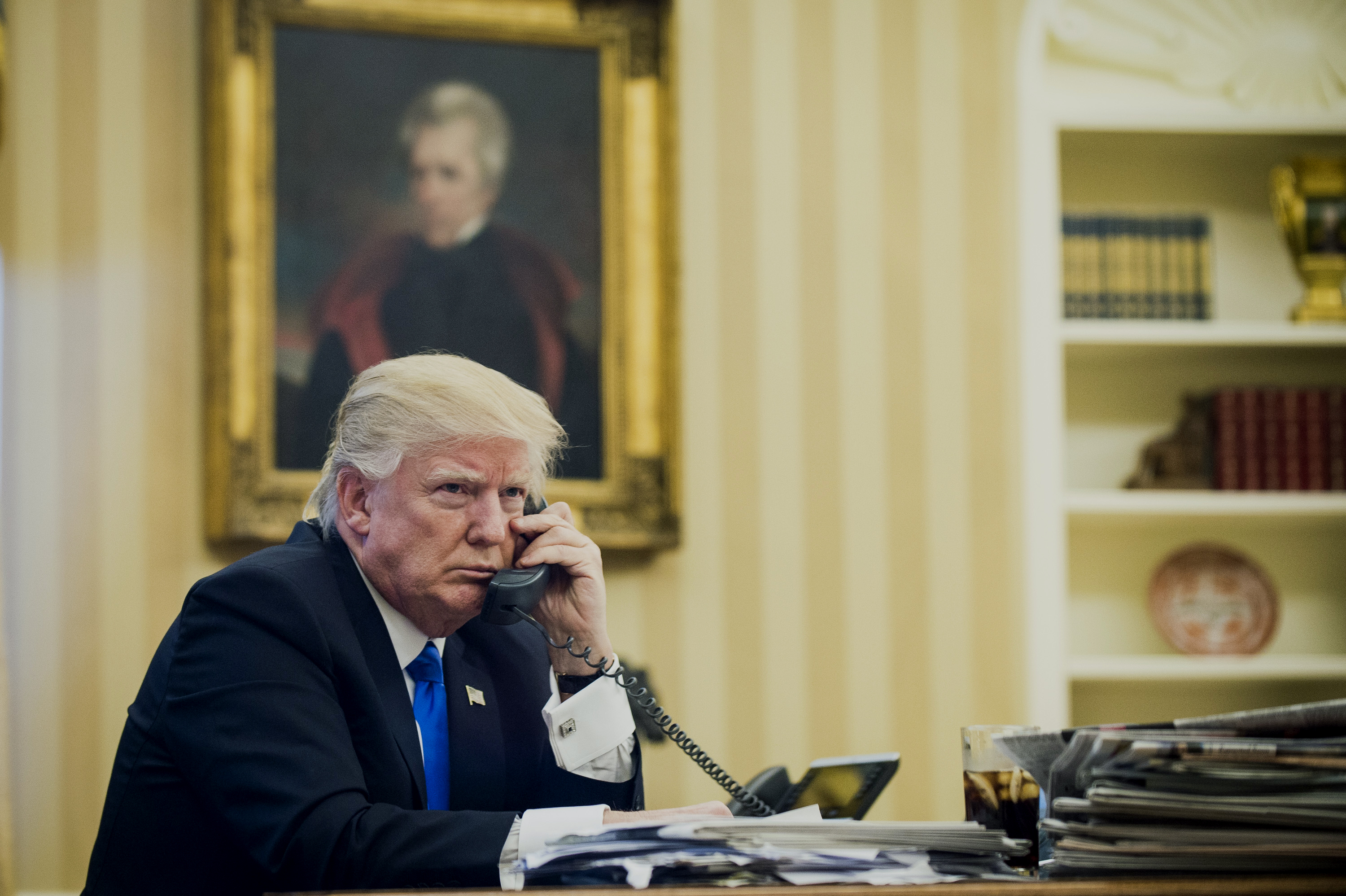 President Trump Takes Phone Calls From Foreign Leaders In The Oval Office