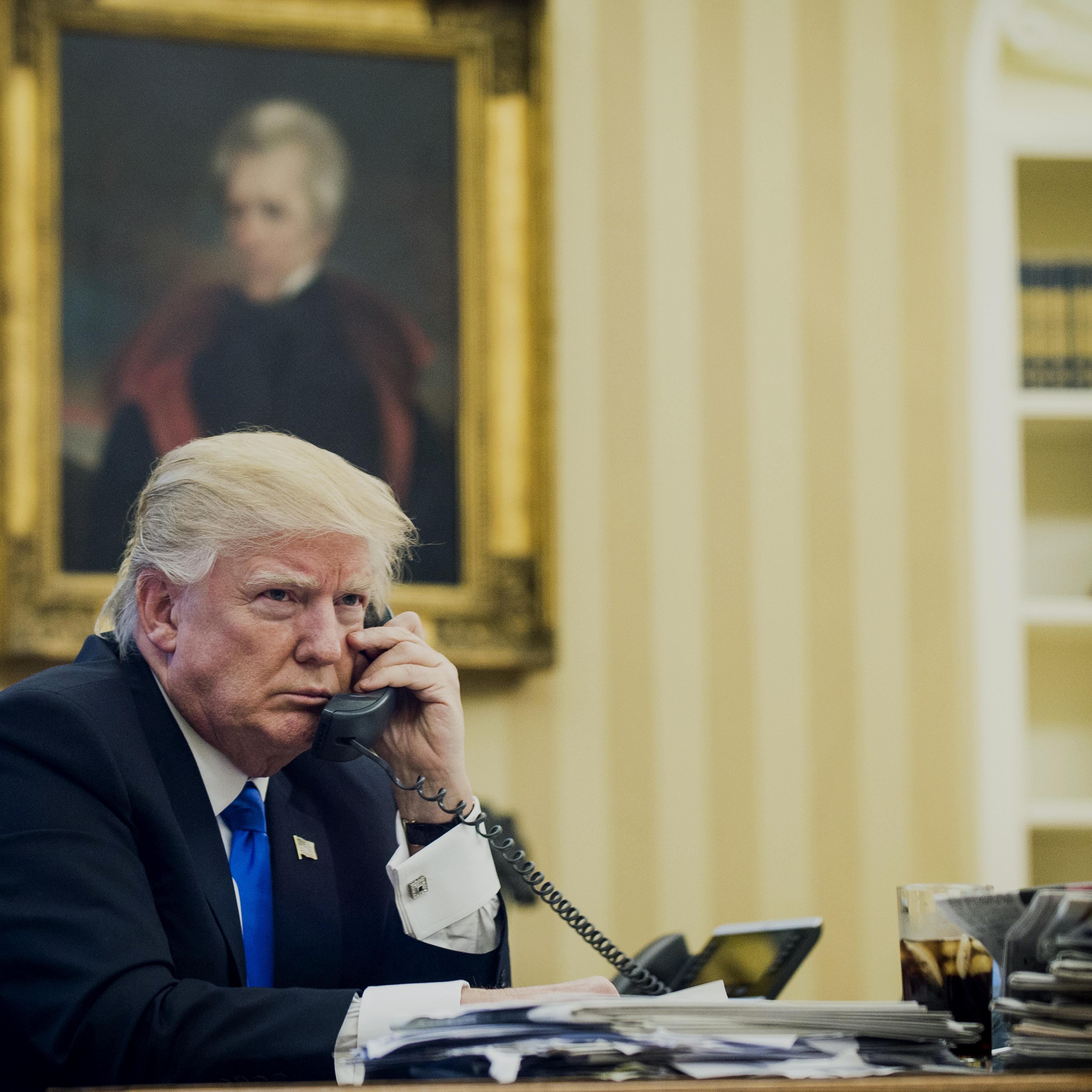 President Trump Takes Phone Calls From Foreign Leaders In The Oval Office