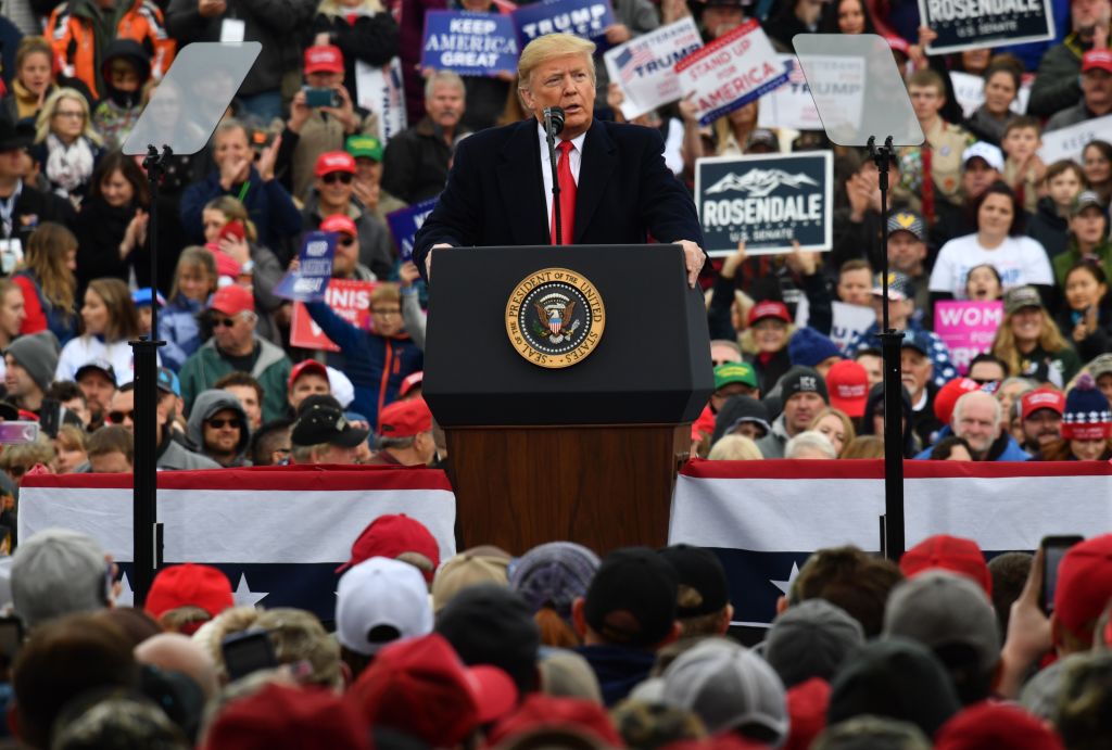 US President Donald Trump addresses a "Make America Great Again" rally at Bozeman Yellowstone International Airport