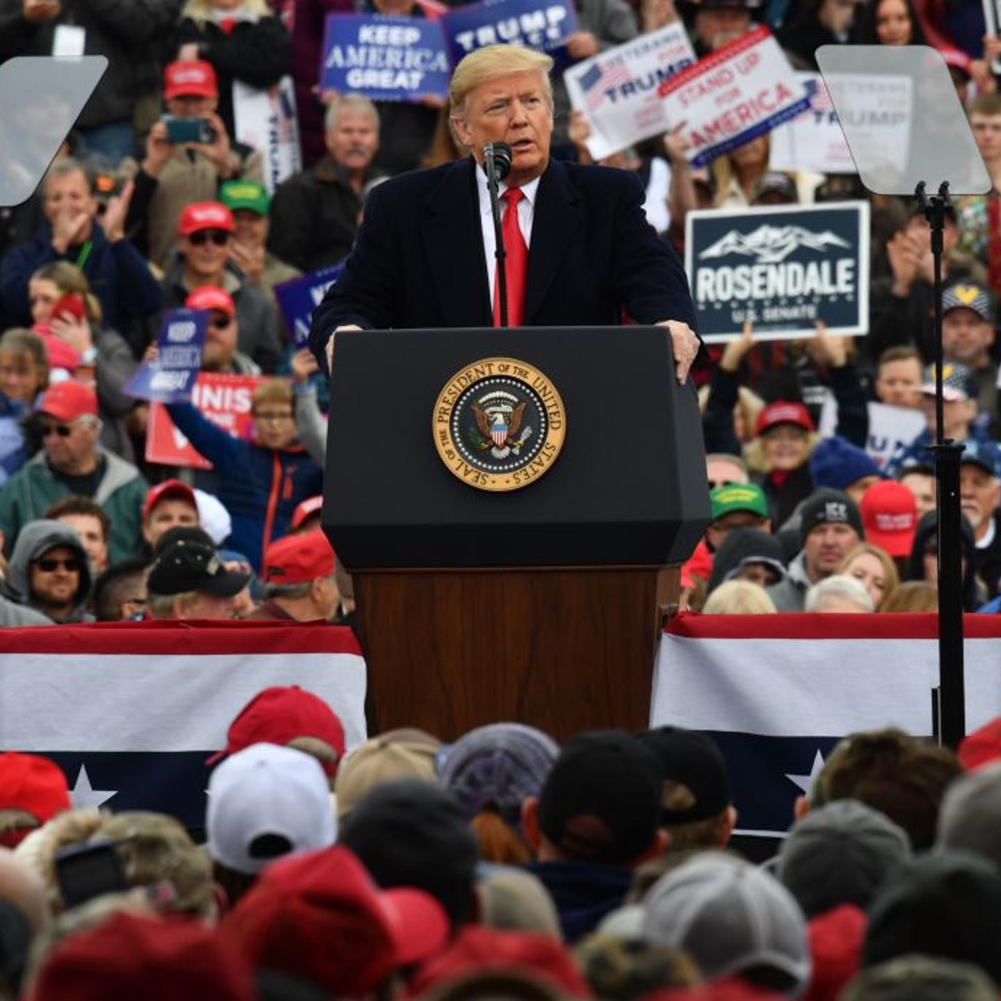 US President Donald Trump addresses a "Make America Great Again" rally at Bozeman Yellowstone International Airport