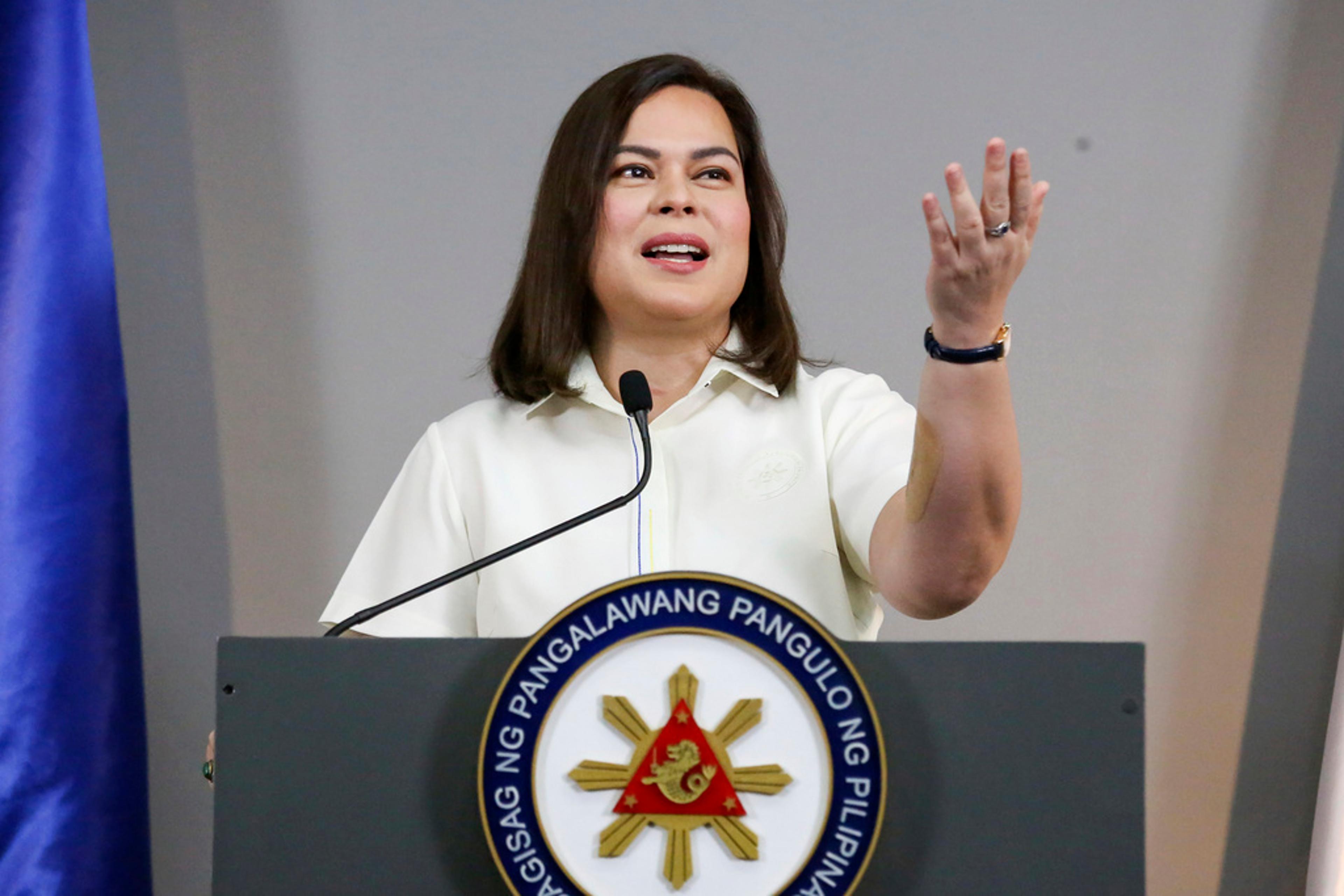 Philippine Vice President Sara Duterte gestures as she speaks during a press conference in Manila, Philippines on Feb. 7, 2025.