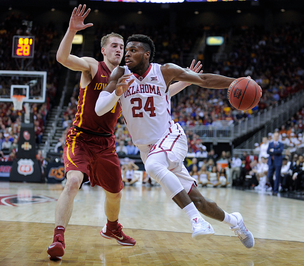 Buddy Hield (#24) of Oklahoma drives to the basket against Iowa State during the quarterfinals of the Big 12 Basketball Tournament in Kansas City, Missouri on March 10, 2016.