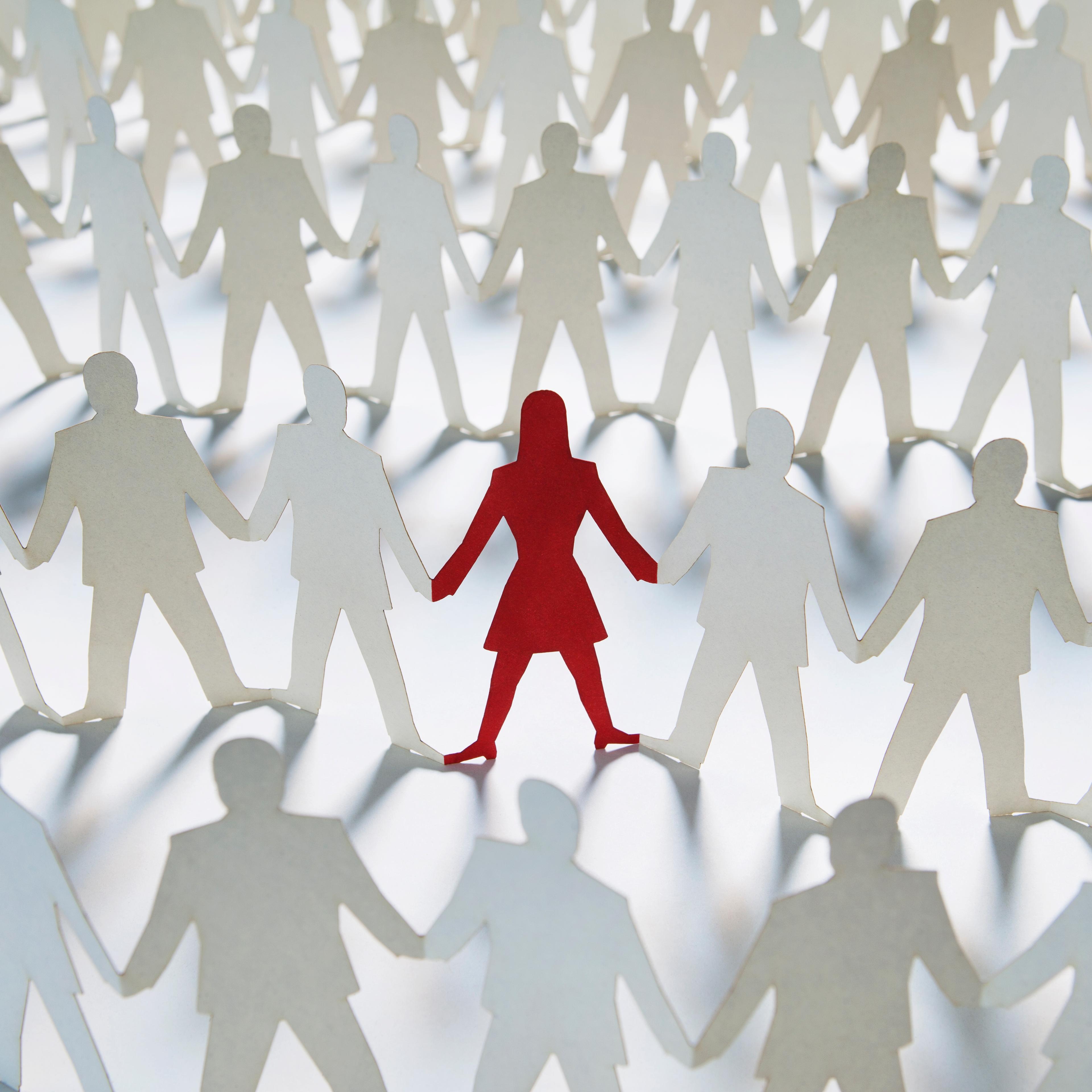 White cut-out men with red woman in the center