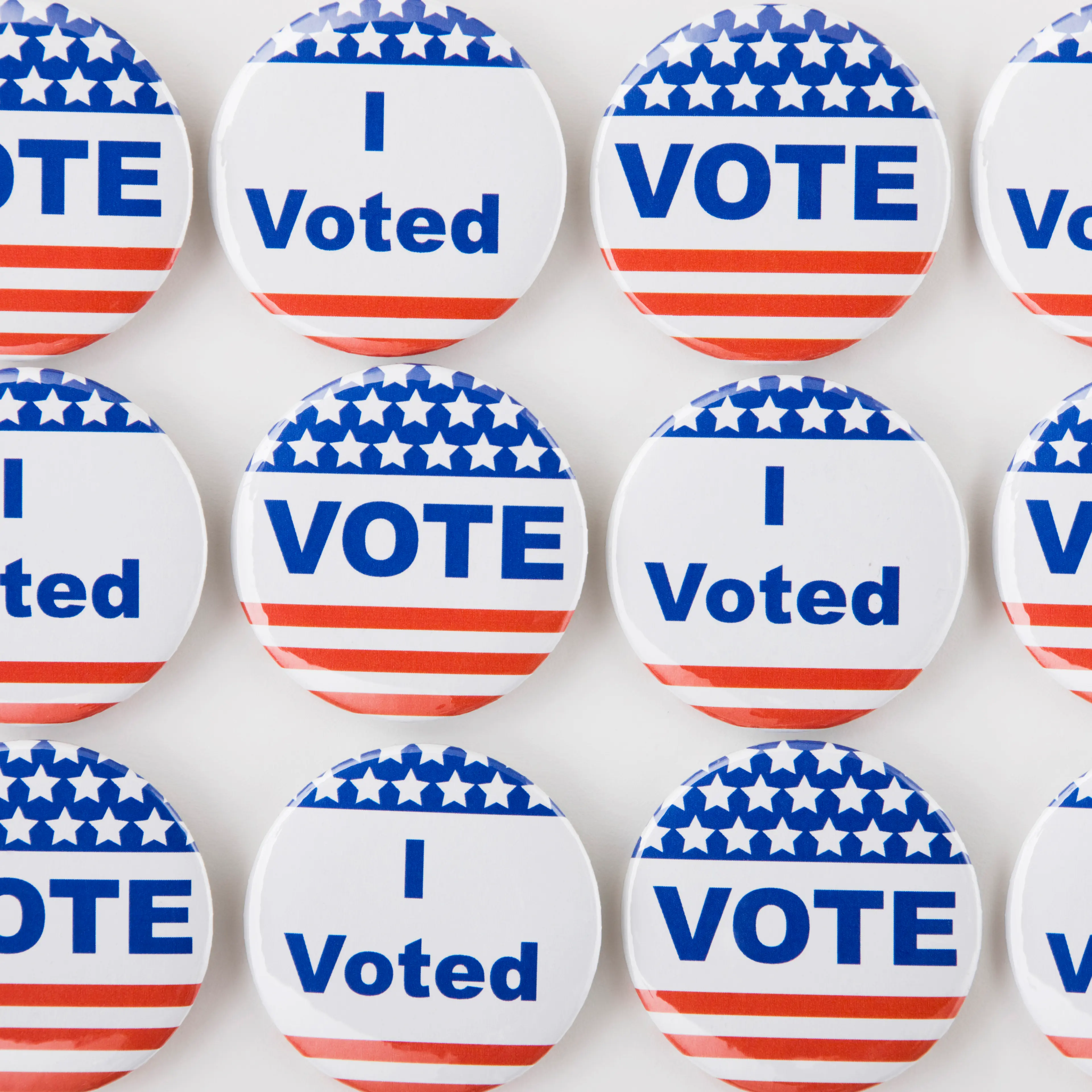 Rows of American vote buttons