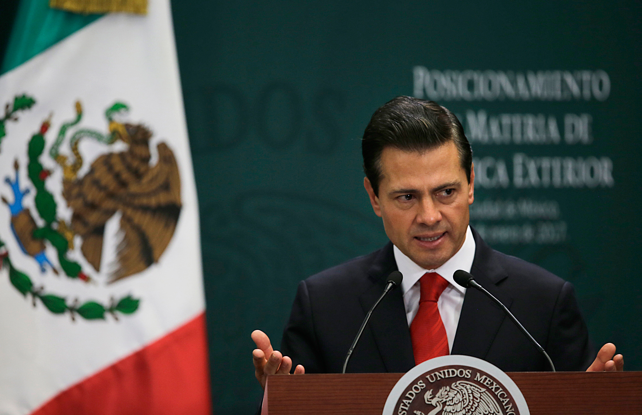 Mexico's President Enrique Pena Nieto speaks during a press conference at Los Pinos presidential residence in Mexico City, Monday, Jan. 23, 2017. Pena Nieto said Monday that Mexico's attitude towards the Donald Trump administration should not be aggressi