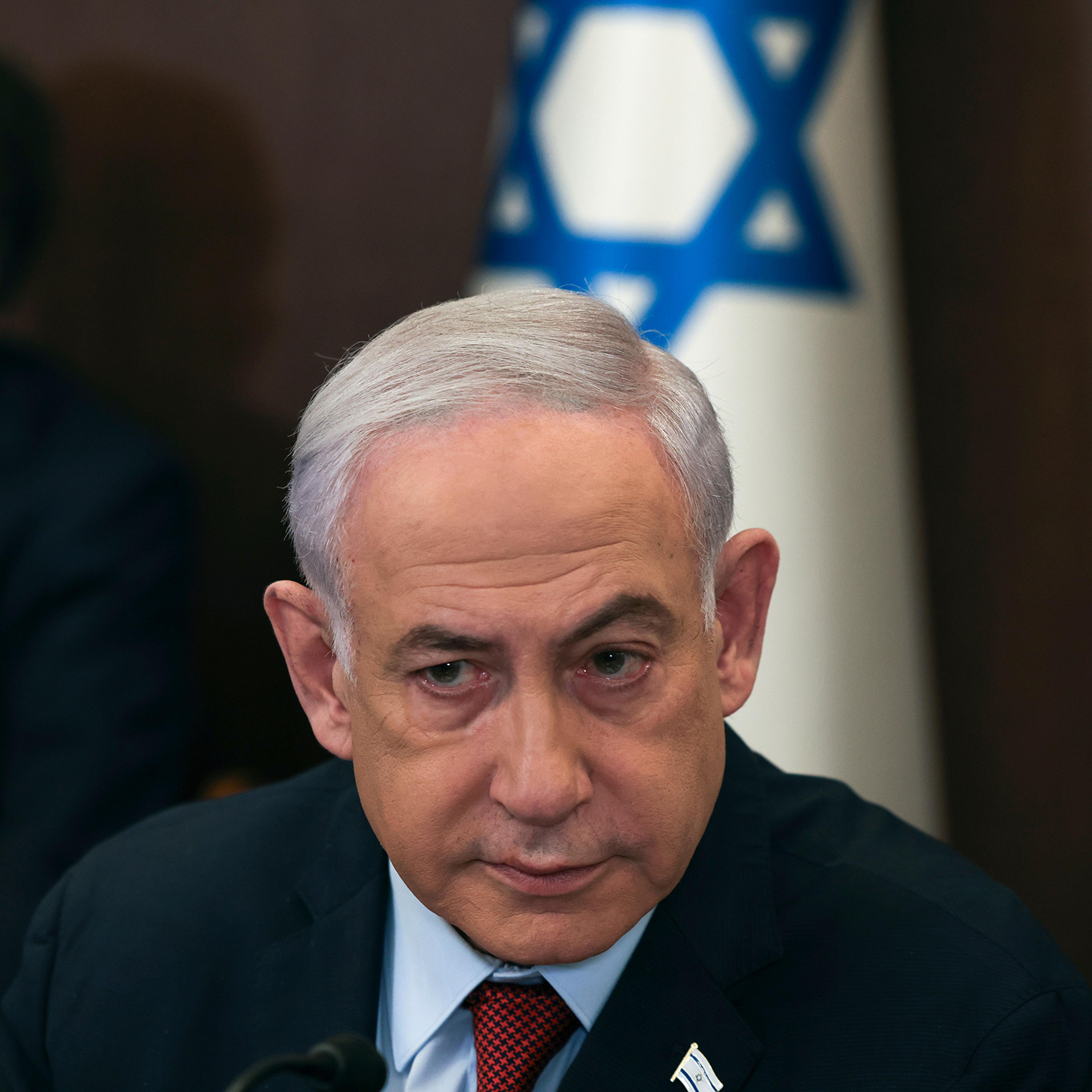 Israeli Prime Minister Benjamin Netanyahu attends the weekly cabinet meeting at the Prime Minister's office in Jerusalem on Dec. 10, 2023.