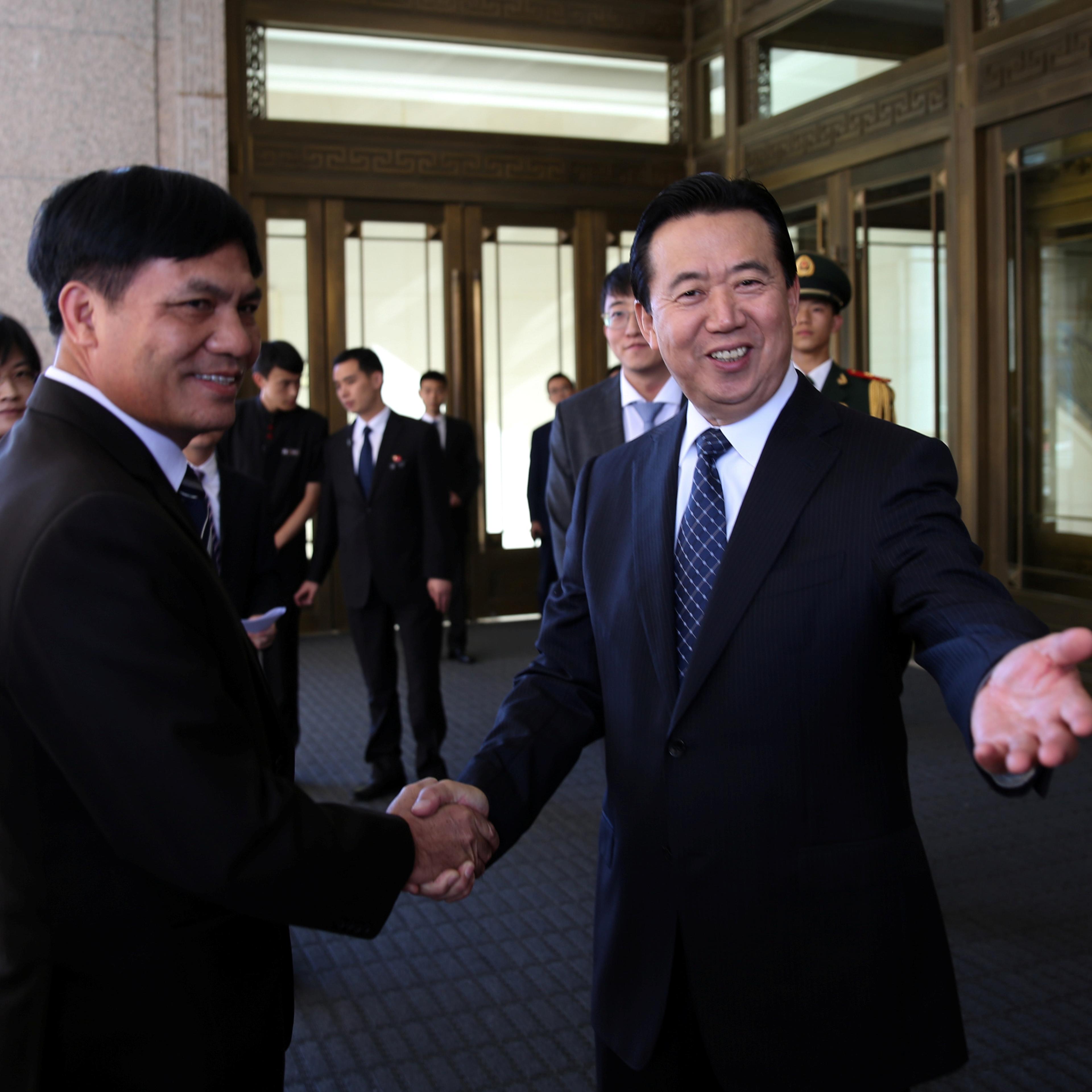 Meng Hongwei, Chinese Vice Public Security Minister, shakes hands with Nguyen Quang Dam, the commandant of the Vietnam Coast Guard, in Beijing