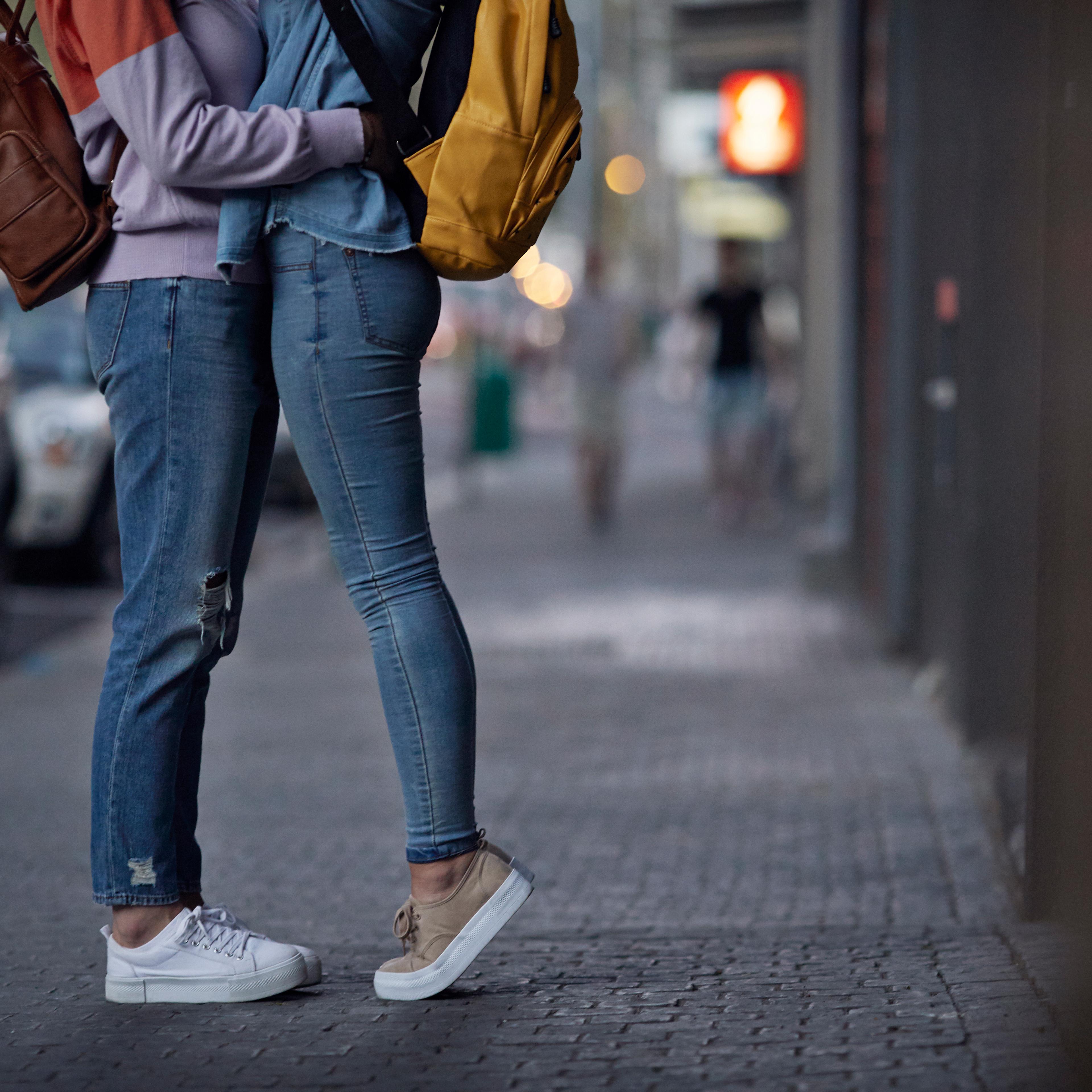 Couple hugging on the street