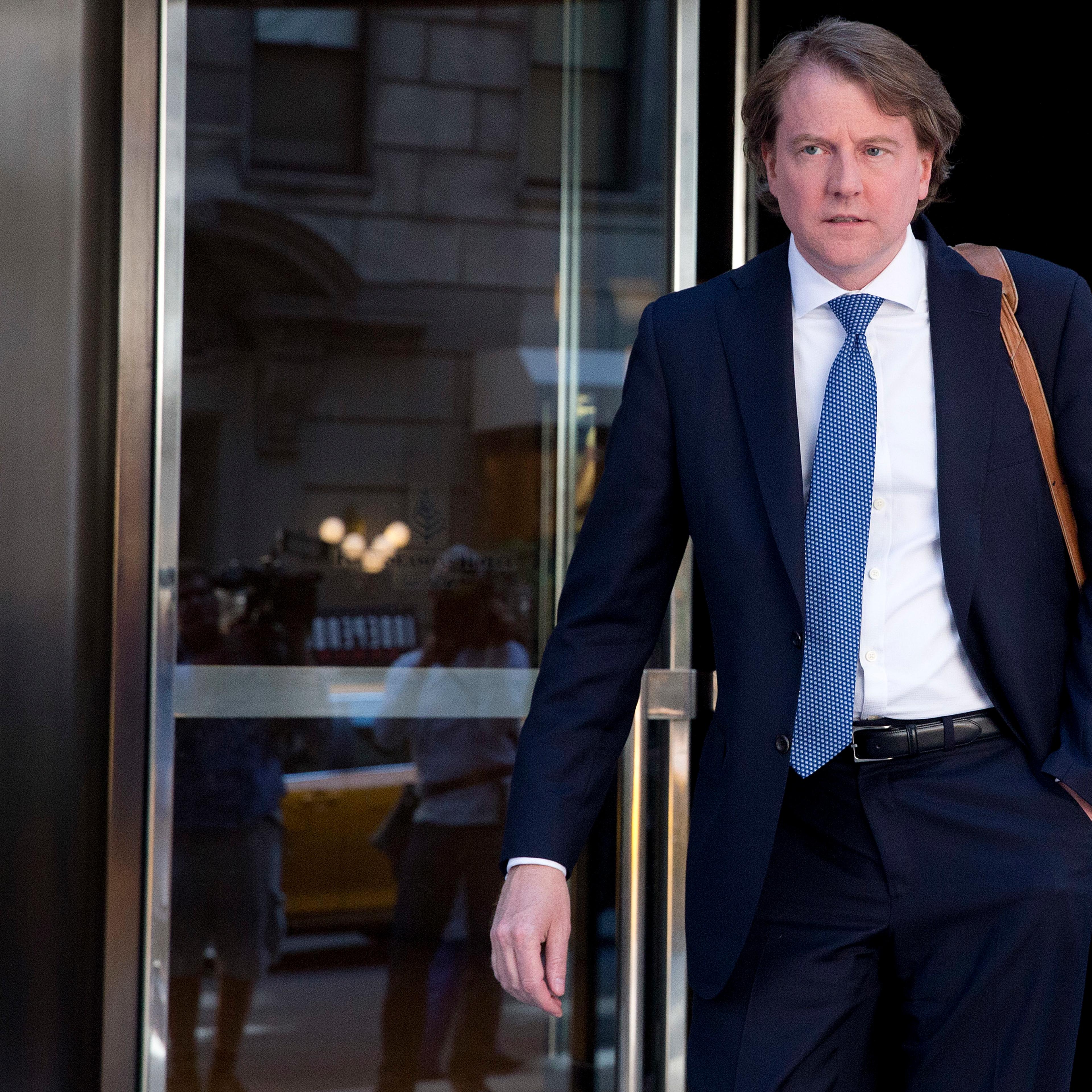 Attorney Donald McGahn leaves the Four Seasons hotel in New York, June 9, 2016, after a GOP fundraiser.