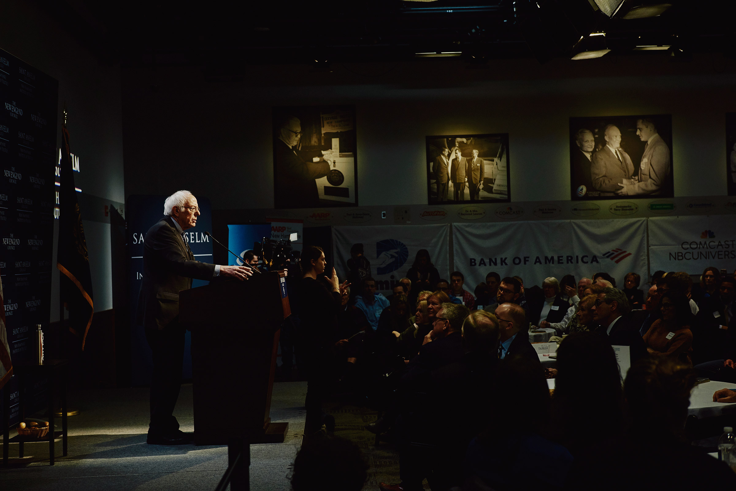 Bernie Sanders speaks at his Politics and Eggs event at The New Hampshire Institute of Politics