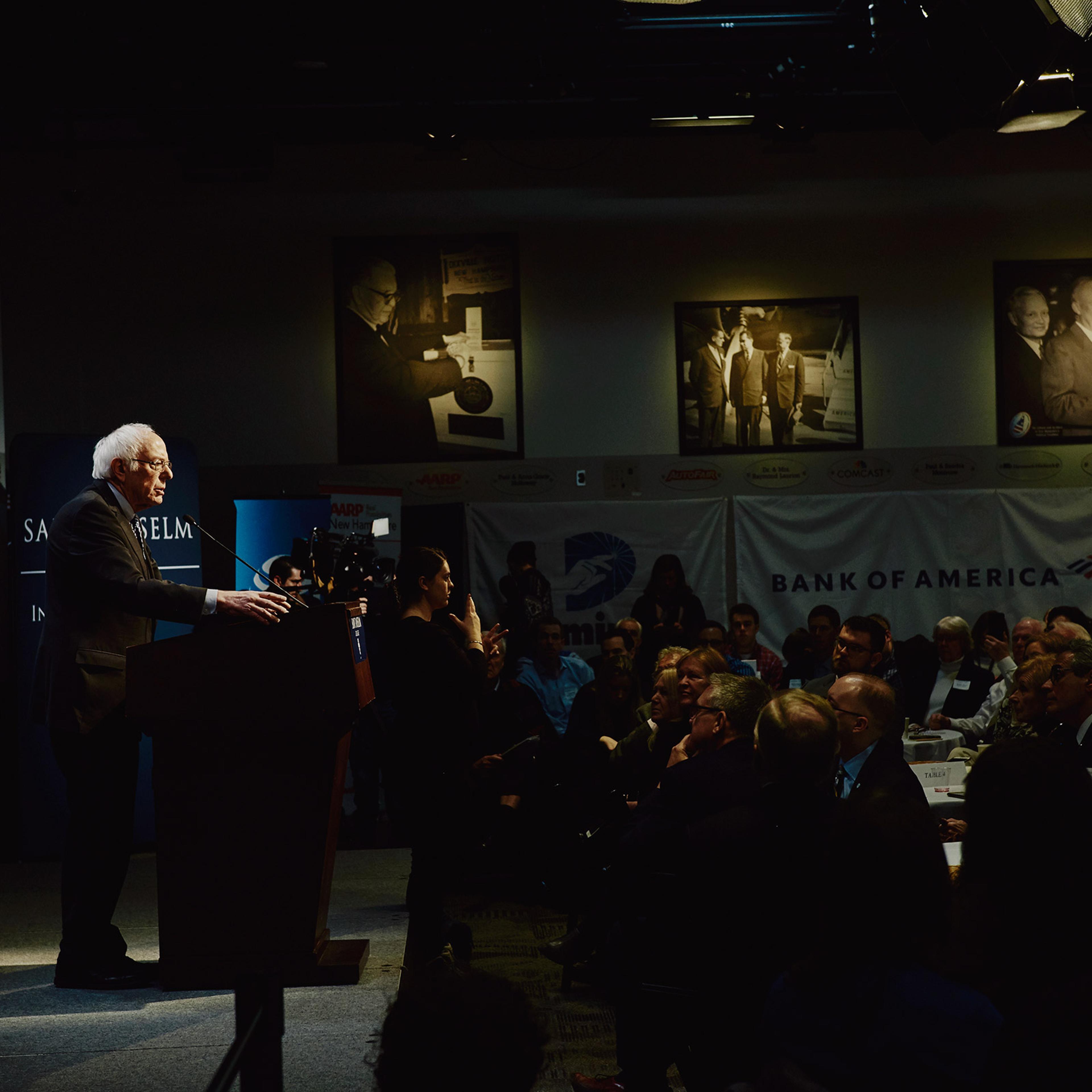 Bernie Sanders speaks at his Politics and Eggs event at The New Hampshire Institute of Politics