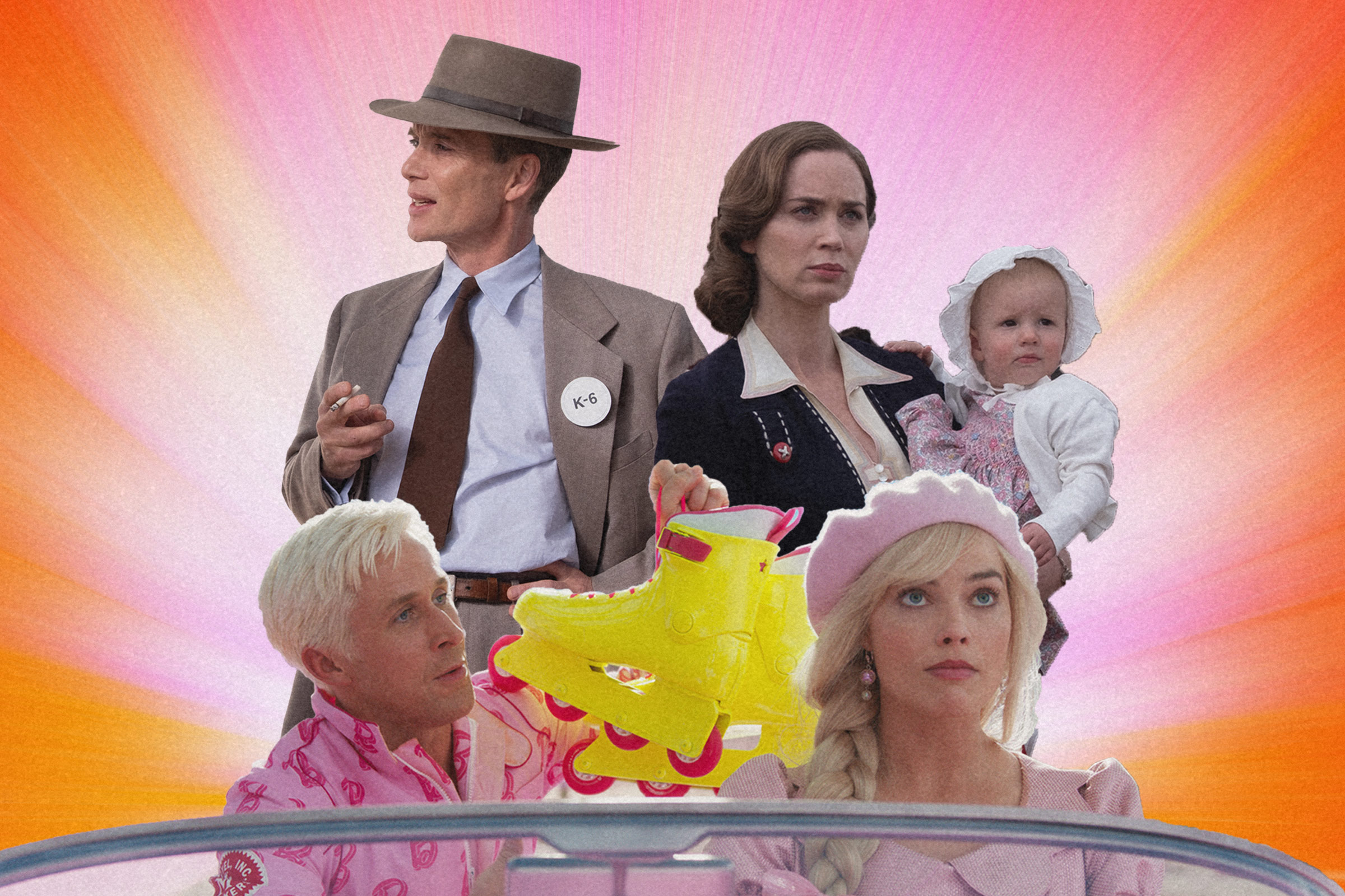 A collage of images from Barbie and Oppenheimer.