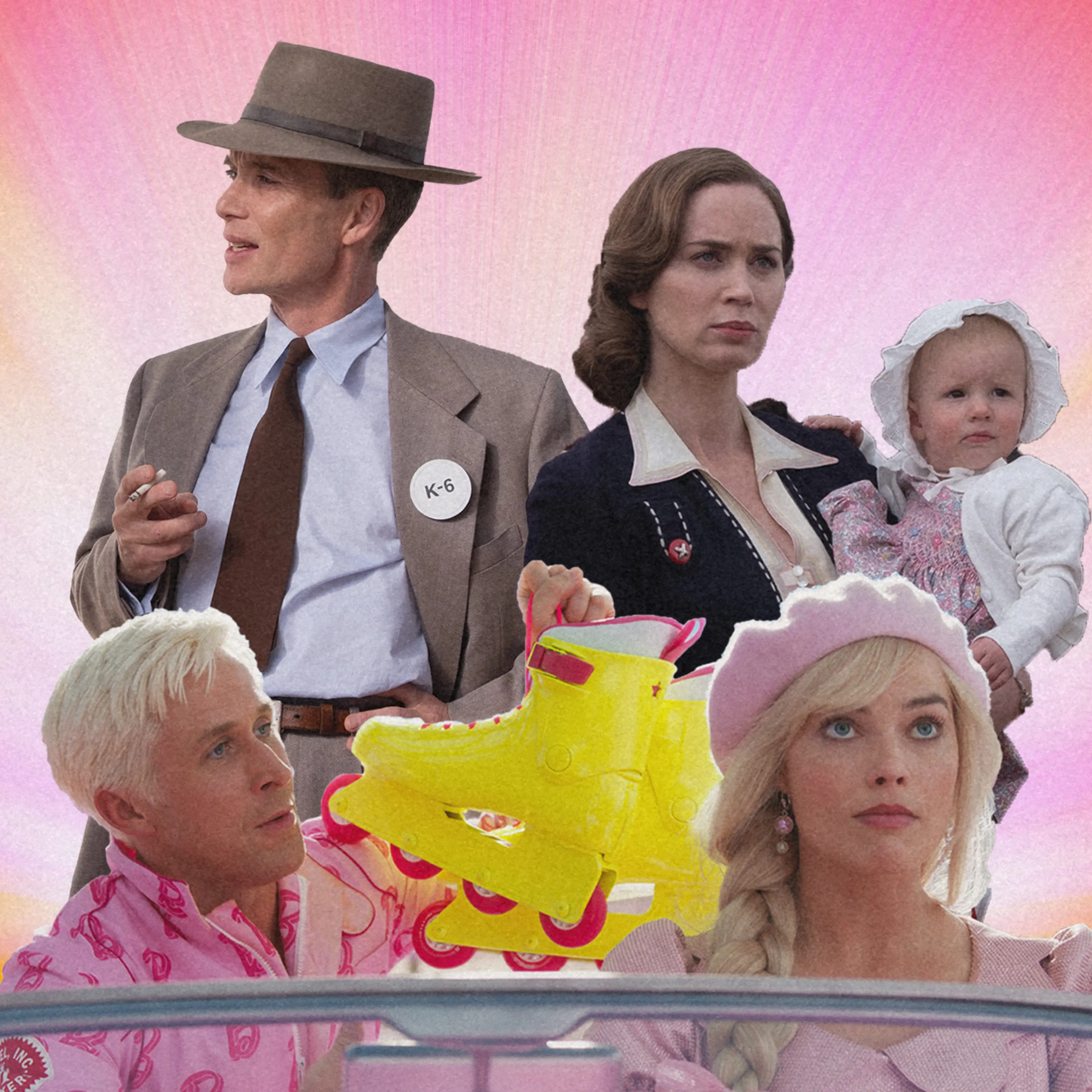 A collage of images from Barbie and Oppenheimer.