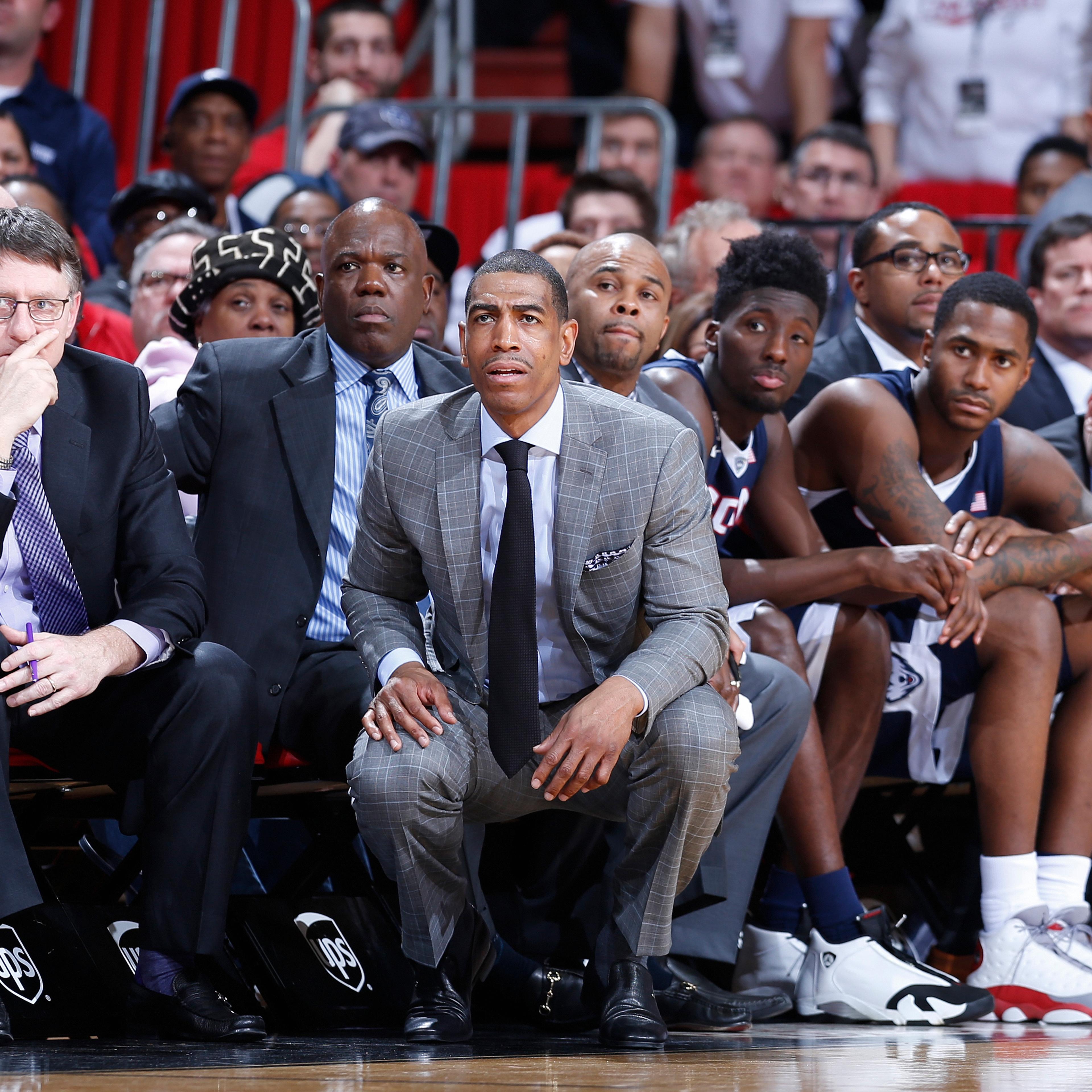 Head coach Kevin Ollie of the Connecticut Huskies looks on against the Cincinnati Bearcats during the game at Fifth Third Arena on Jan. 29, 2015 in Cincinnati.
