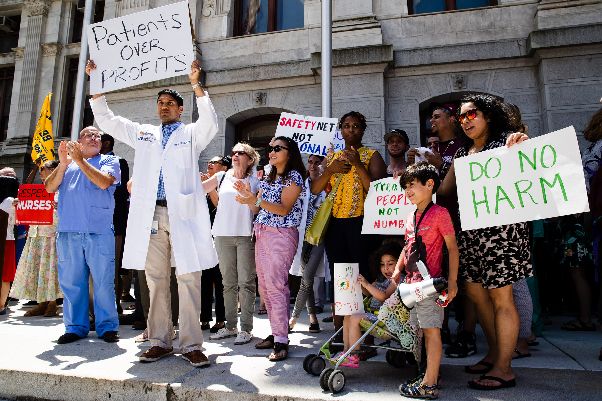 Protesters demonstrate against the planned closure of Hahnemann University Hospital, at City Hall in Philadelphia, June 27, 2019