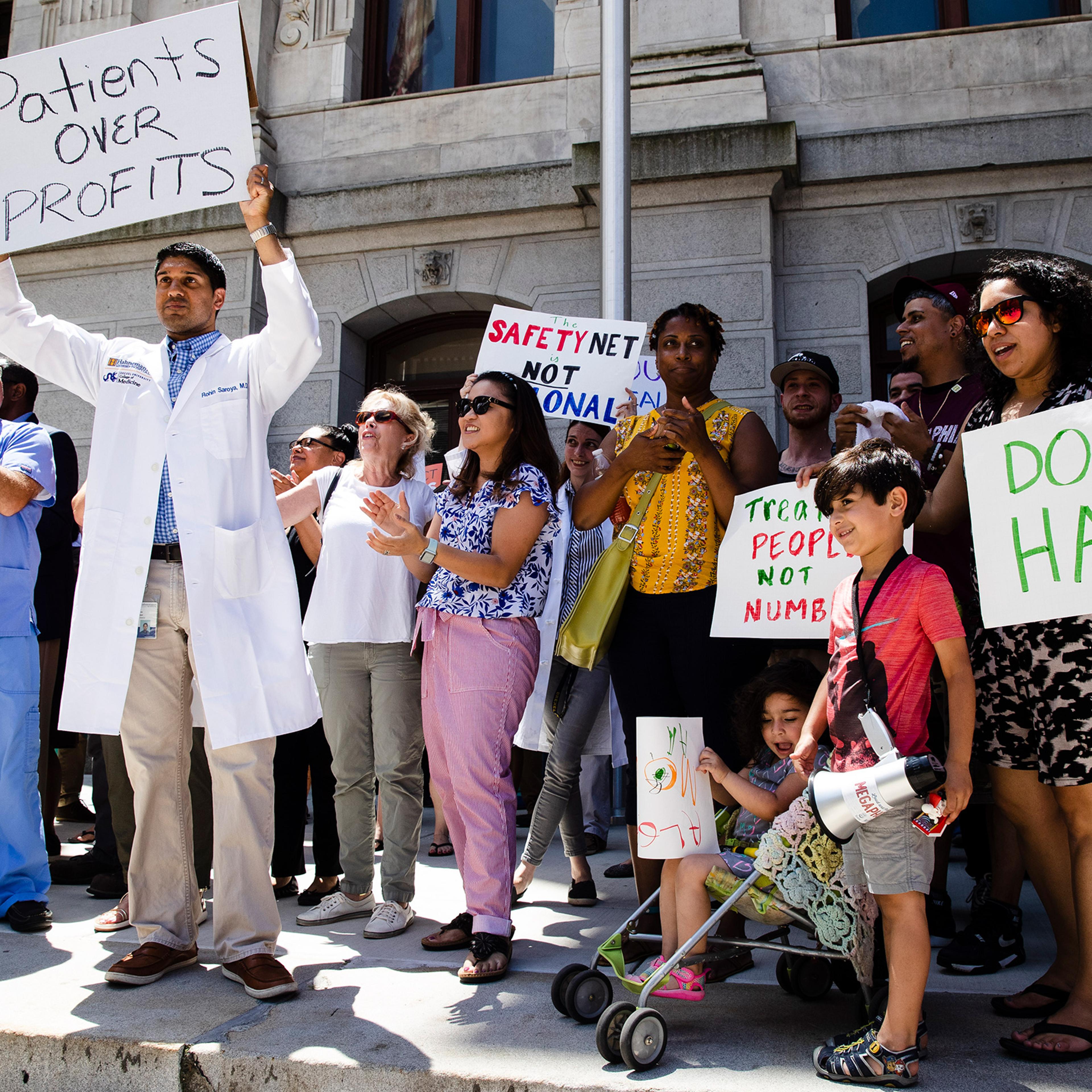 Protesters demonstrate against the planned closure of Hahnemann University Hospital, at City Hall in Philadelphia, June 27, 2019