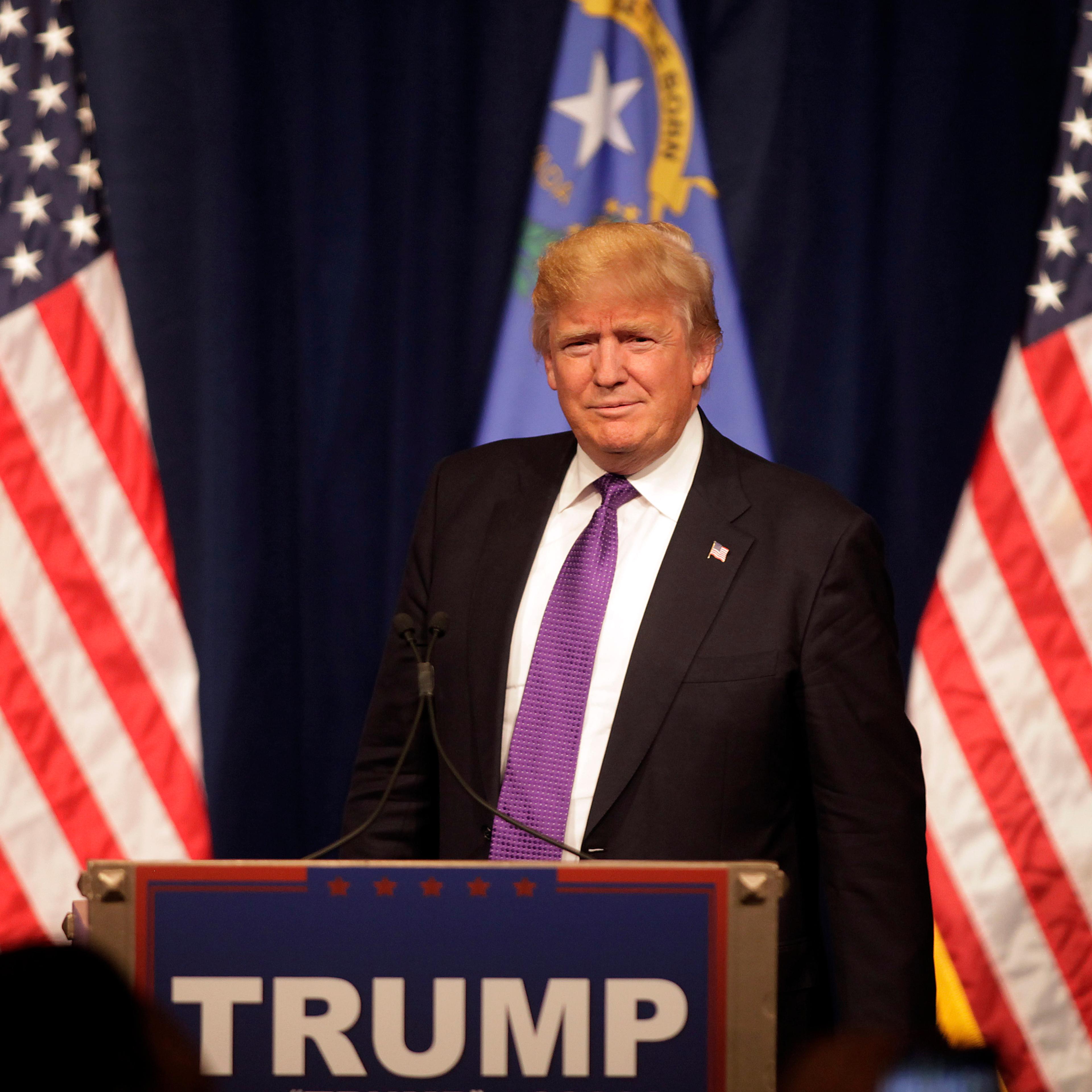 Republican presidential candidate Donald Trump declares victory after winning Nevada's First in the West presidential caucus, Las Vegas, Feb. 23, 2016.