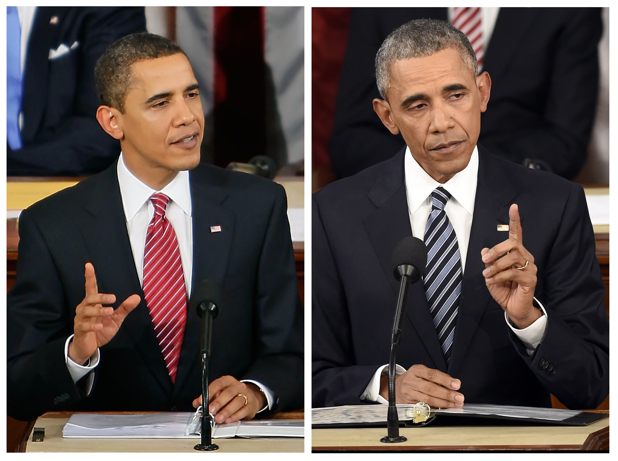 President Barack Obama in his 2009 address to a joint session of congress, left, and in the 2016 State of the Union address, right.