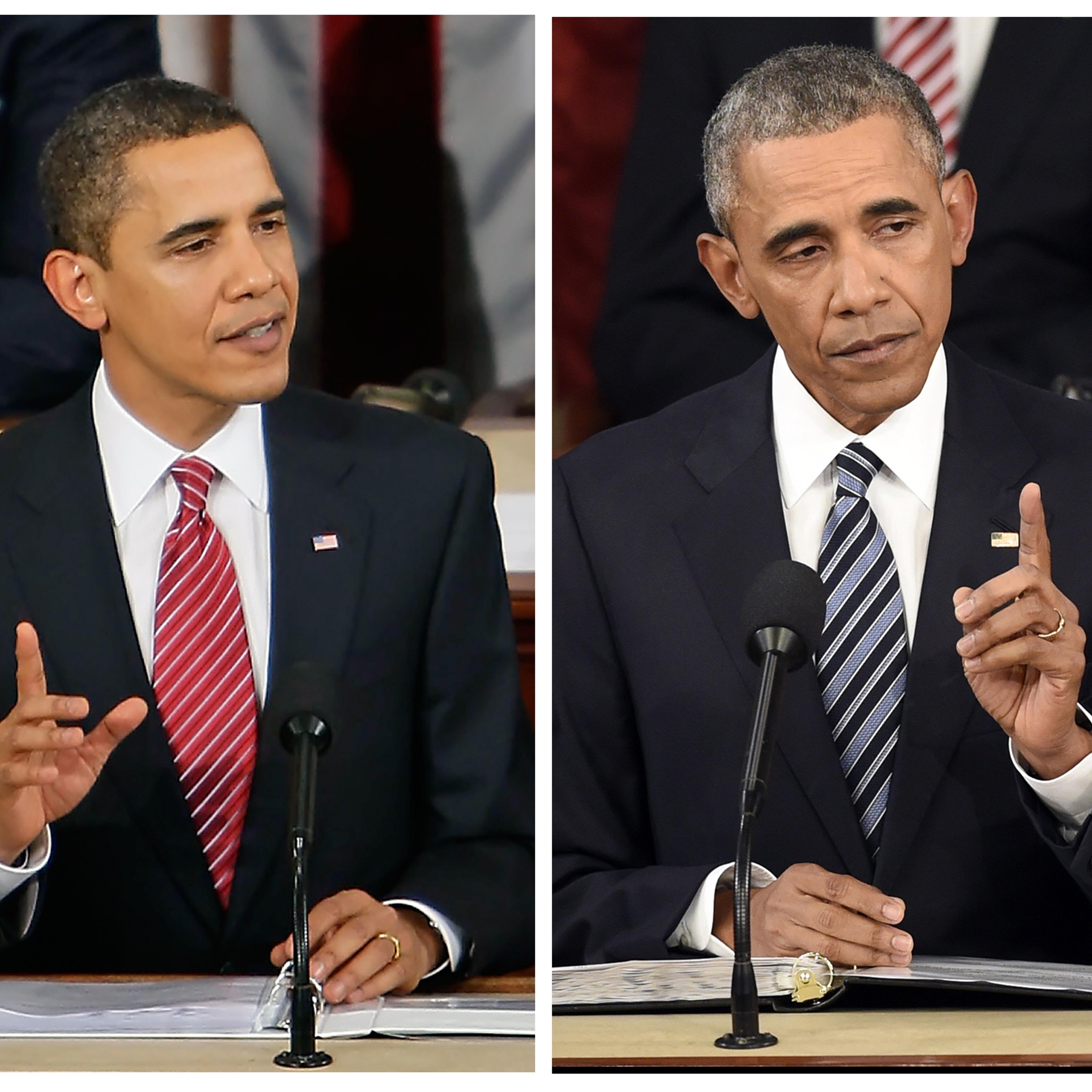 President Barack Obama in his 2009 address to a joint session of congress, left, and in the 2016 State of the Union address, right.