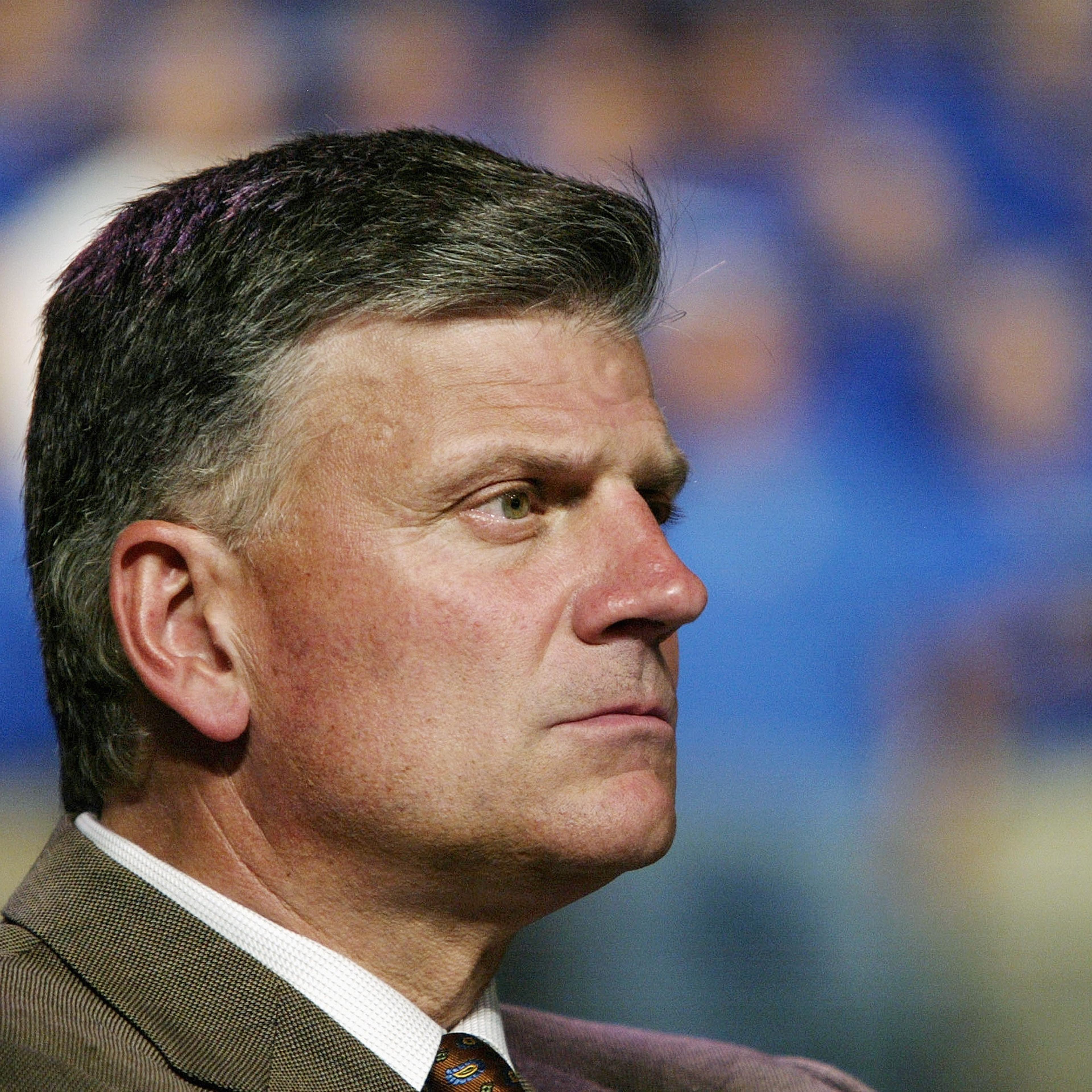 Reverend Franklin Graham looks on at a Billy Graham rally on June 12, 2003 in Oklahoma City, Oklahoma.
