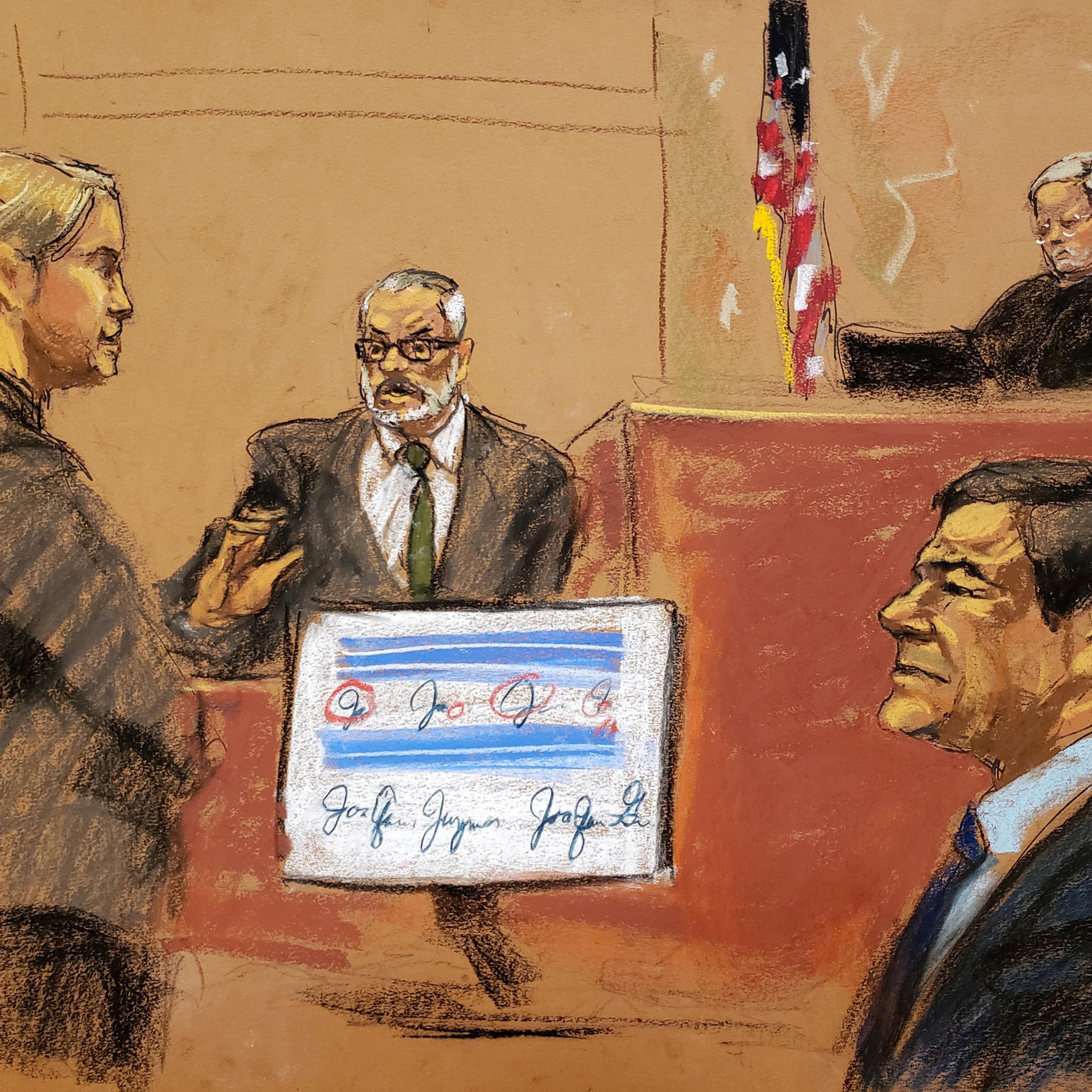 A courtroom sketch of Assistant U.S. Attorney Amanda Liskamm questions Damaso Lopez Nunez on the witness stand