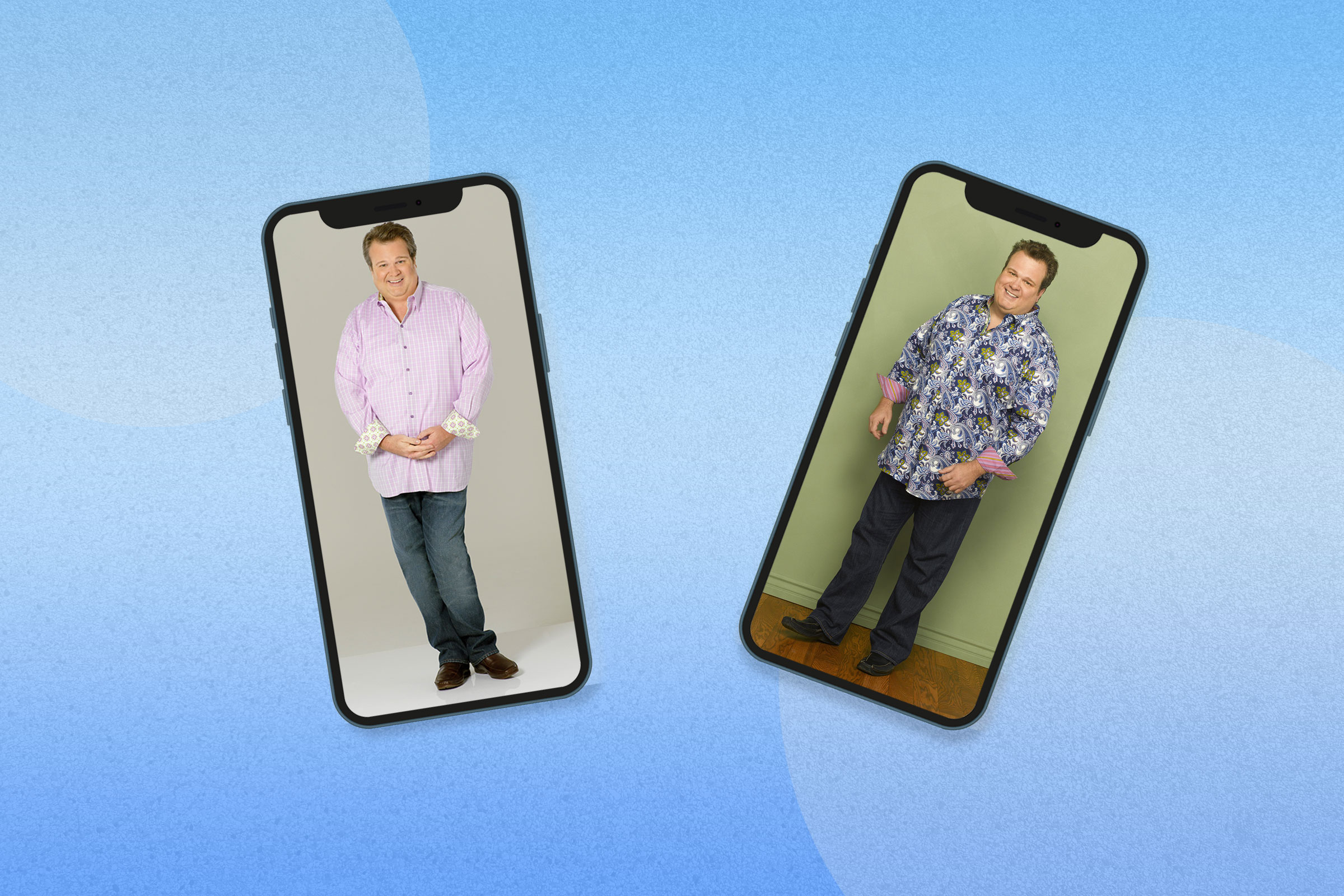 Eric Stonestreet posing in Modern Family promo photos, displayed on two phones