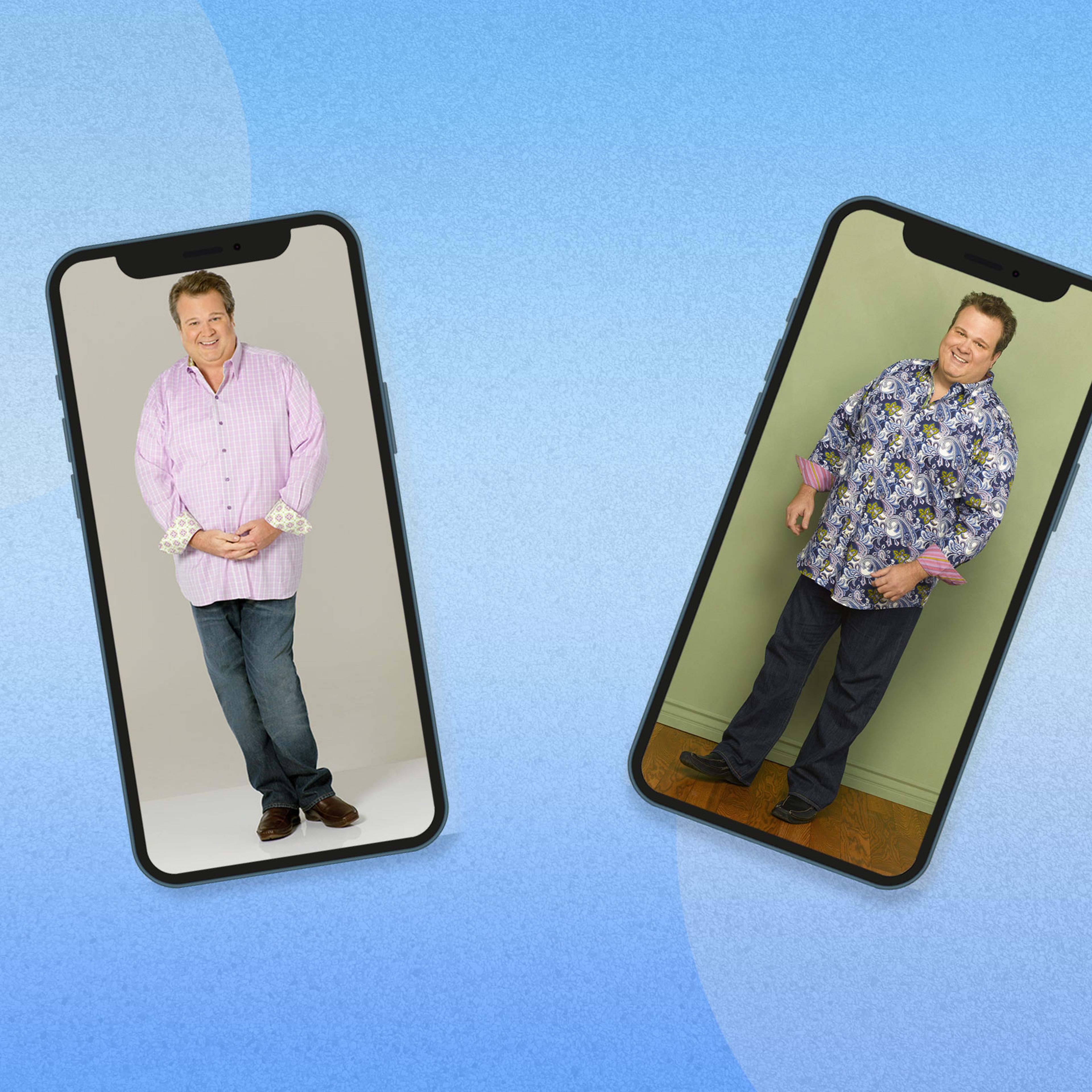 Eric Stonestreet posing in Modern Family promo photos, displayed on two phones