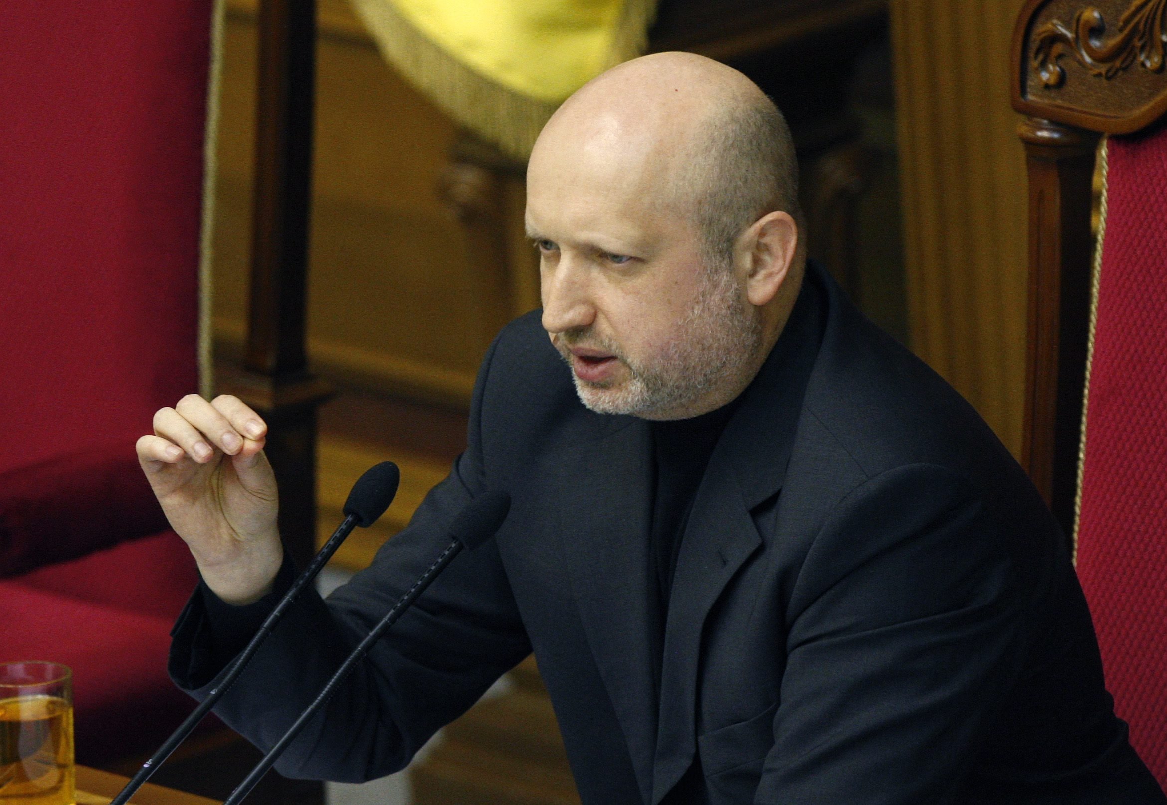 Newly elected Speaker of Parliament Oleksandr Turchynov speaks during a session of the Ukrainian Parliament in Kiev, on Feb. 23, 2014.