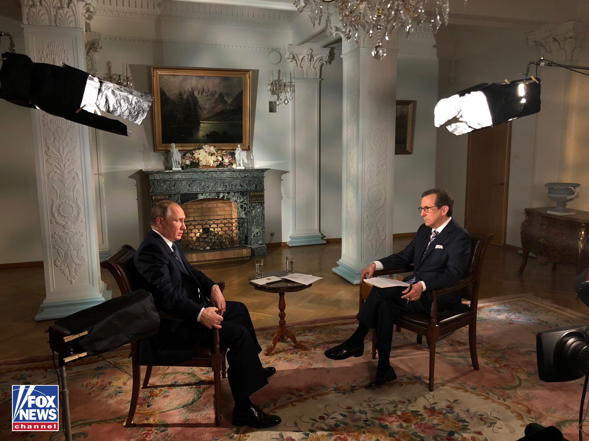 Fox News anchor Chris Wallace interviews Russian President Vladimir Putin in Helsinki, Finland on uly 16, 2018.