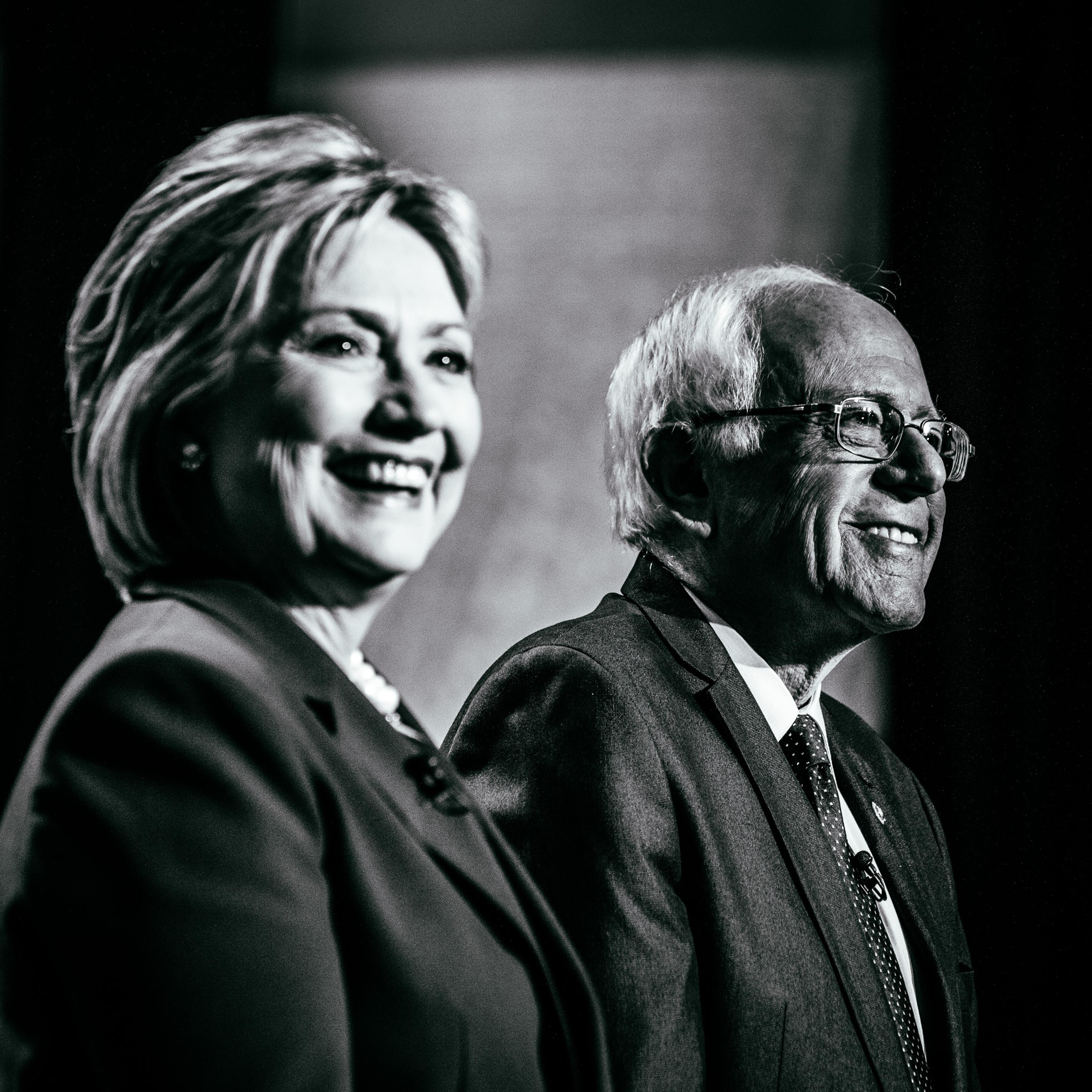 Democratic presidential candidates former Secretary of State Hillary Clinton and U.S. Sen. Bernie Sanders (I-VT) appear at a Democratic debate at the University of New Hampshire on Feb. 4, 2016 in Durham, N.H.
