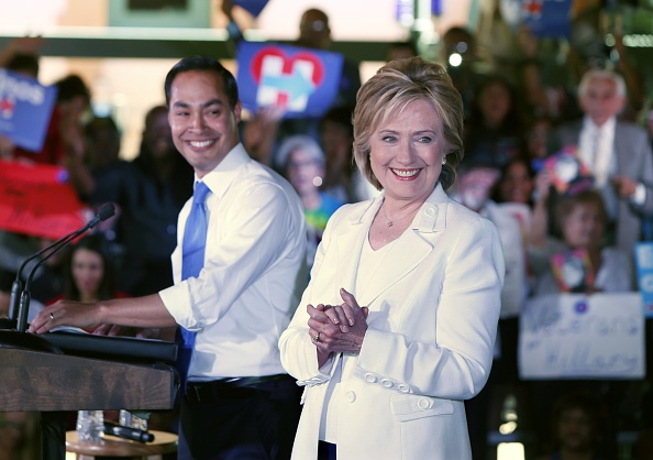 Secretary of Housing and Urban Development Secretary Julian Castro introduces Democratic presidential candidate Hillary Clinton at a "Latinos for Hillary" grassroots event October 15, 2015 in San Antonio, Texas.