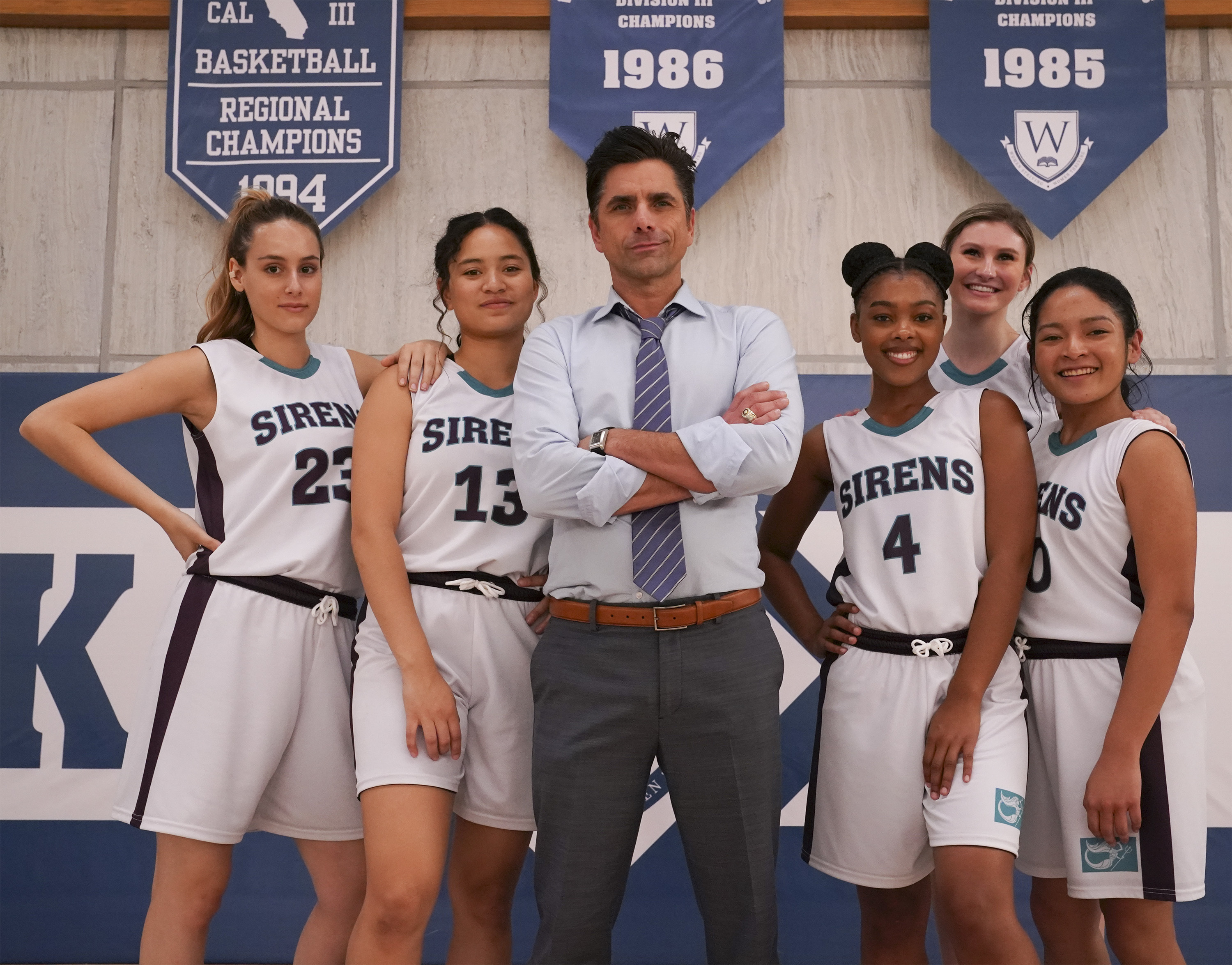 L-R: Nell Verlaque, Tiana Le, John Stamos, Monique A. Green, Cricket Wampler and Tisha Custodio in 'Big Shot'