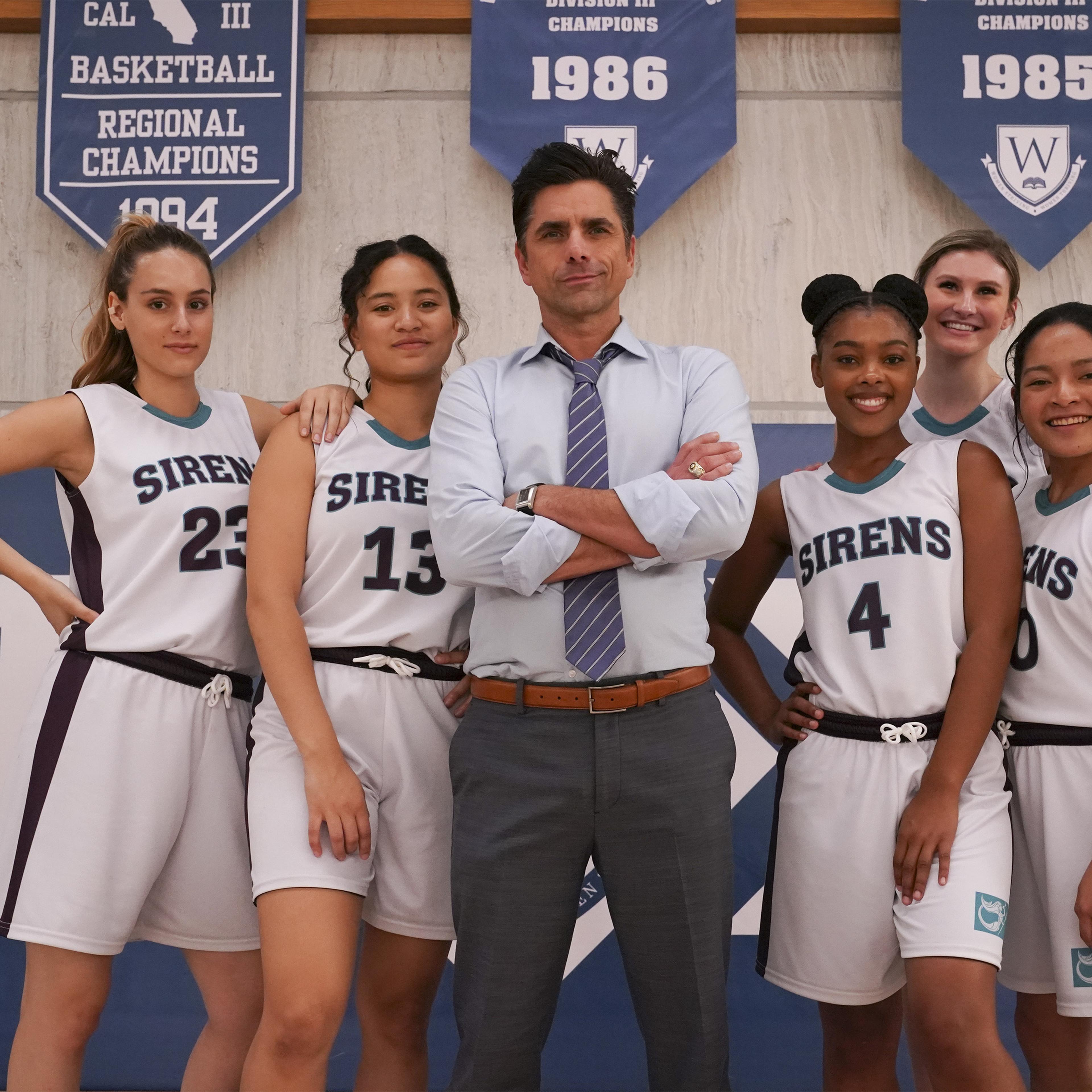 L-R: Nell Verlaque, Tiana Le, John Stamos, Monique A. Green, Cricket Wampler and Tisha Custodio in 'Big Shot'