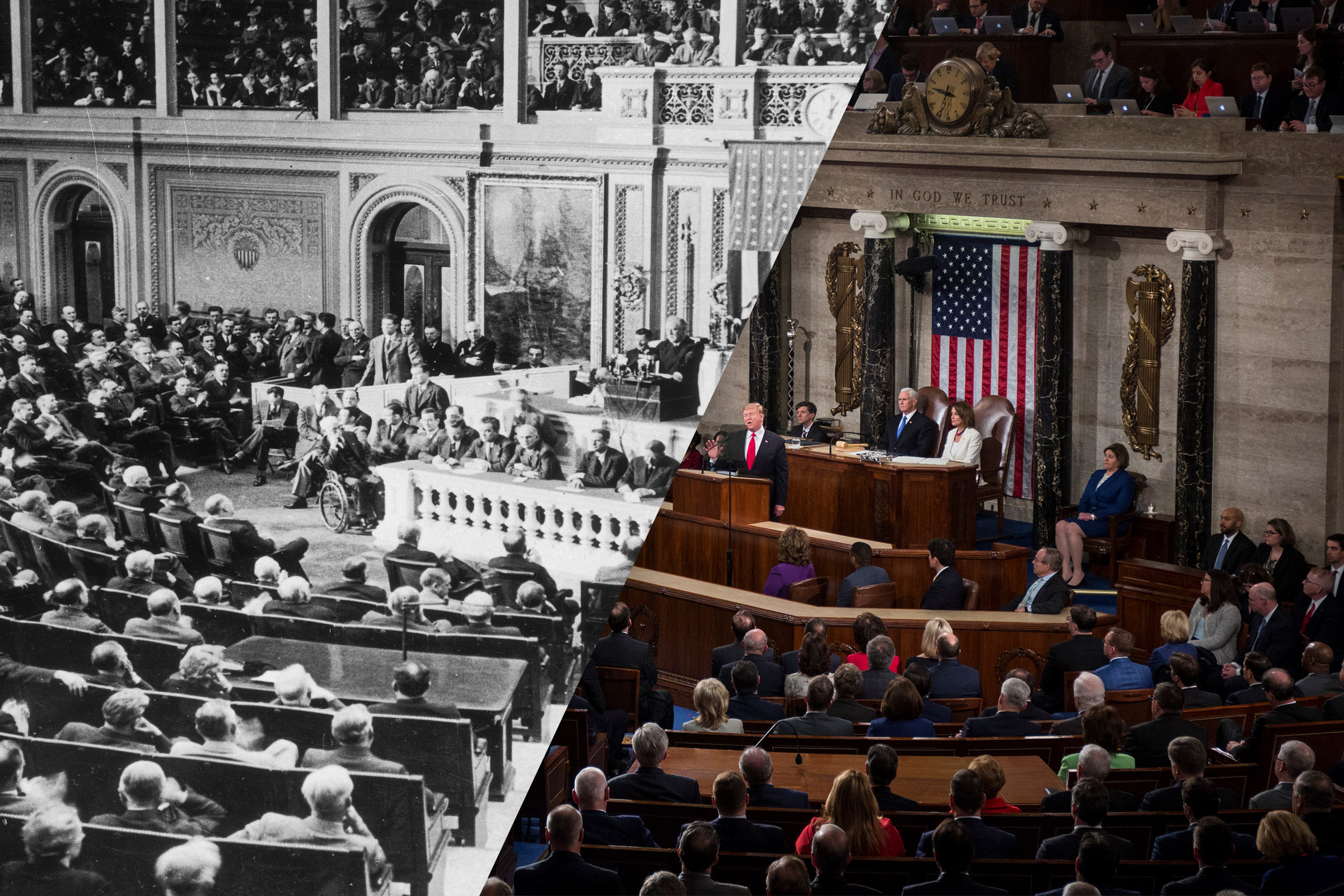 President Franklin D. Roosevelt addressing congress, Dec. 8, 1941; President Donald Trump delivers the State of the Union address, Feb. 5, 2019