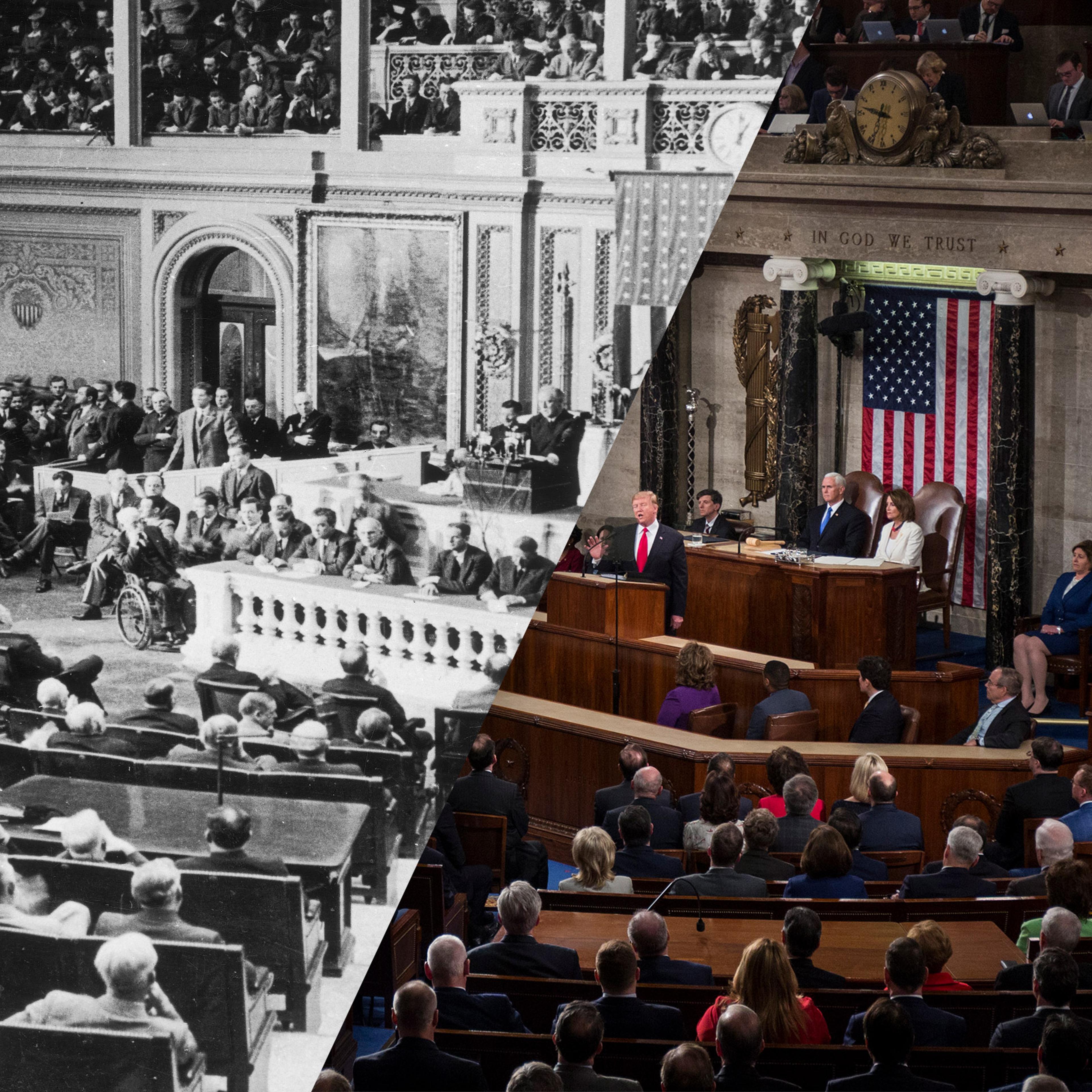 President Franklin D. Roosevelt addressing congress, Dec. 8, 1941; President Donald Trump delivers the State of the Union address, Feb. 5, 2019