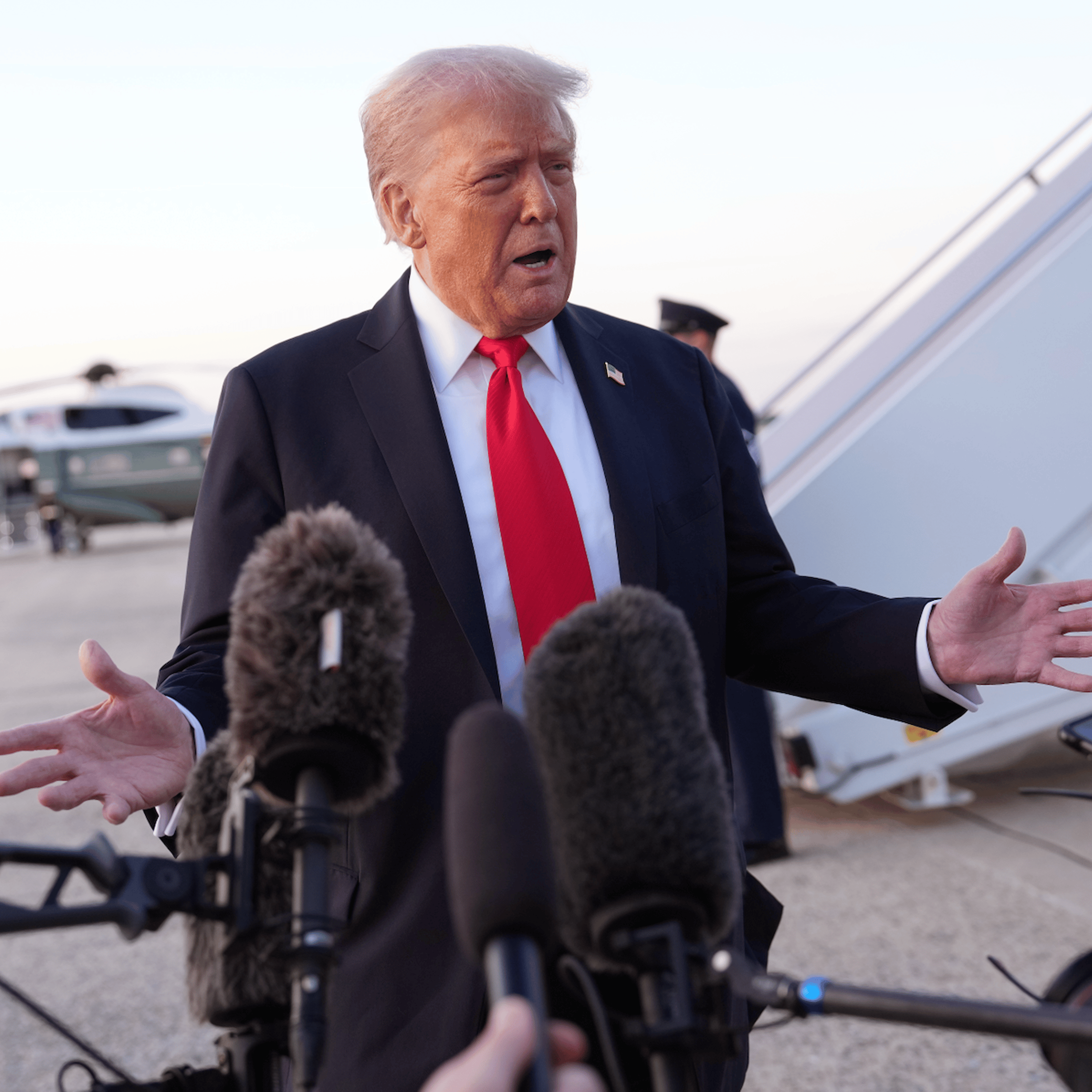 President Donald Trump is seen speaking to reporters at Joint Base Andrews, Maryland, on Sept. 7, 2025.