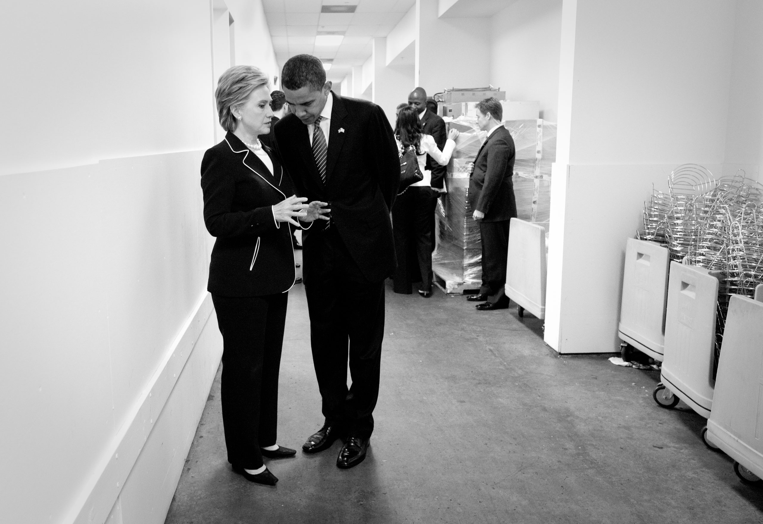 Sen. Clinton and Sen. Obama meeting unexpectedly in the back hall of the Washington convention center, the day after the last primary elections when it had become apparent that Obama had the most delegate votes, yet Clinton had not conceded.