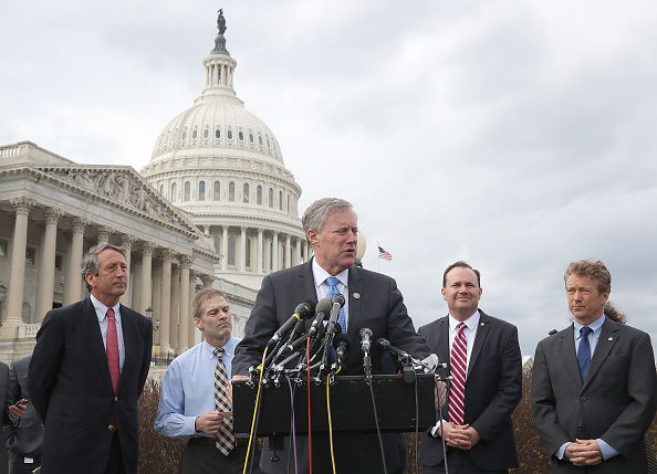 Rep. Mark Meadows (R-NC) (L) speaks about Obamacare repeal and replacement while flanked by Rep. Mark Sanford (R-SC) (L), Rep Jim Jordan (R-OH) (2ndL), Sen. Mike Lee (R-UT) (2ndR) and Sen. Rand Paul (R-KY) (R) during a news conference on Capitol Hill, on