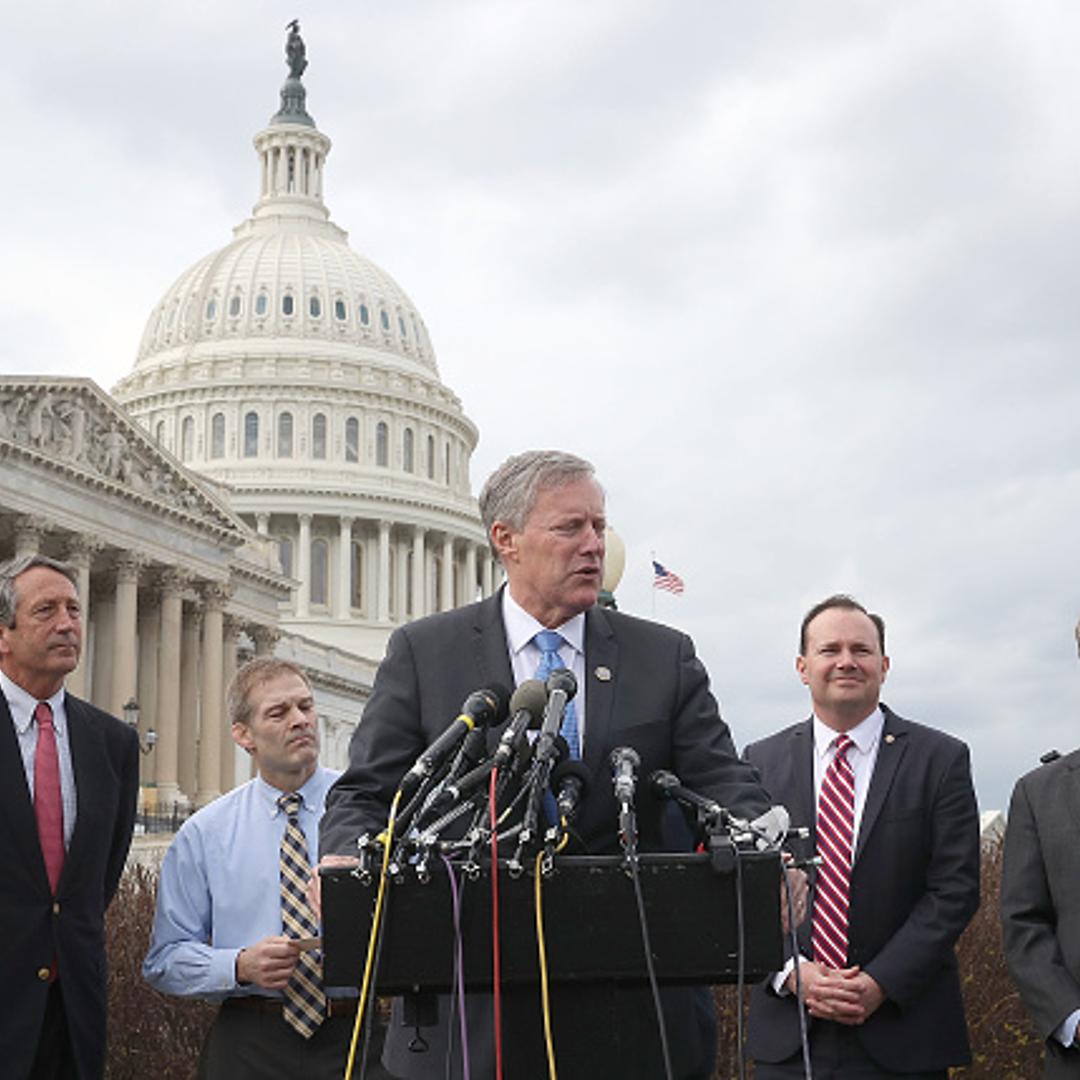 Rep. Mark Meadows (R-NC) (L) speaks about Obamacare repeal and replacement while flanked by Rep. Mark Sanford (R-SC) (L), Rep Jim Jordan (R-OH) (2ndL), Sen. Mike Lee (R-UT) (2ndR) and Sen. Rand Paul (R-KY) (R) during a news conference on Capitol Hill, on