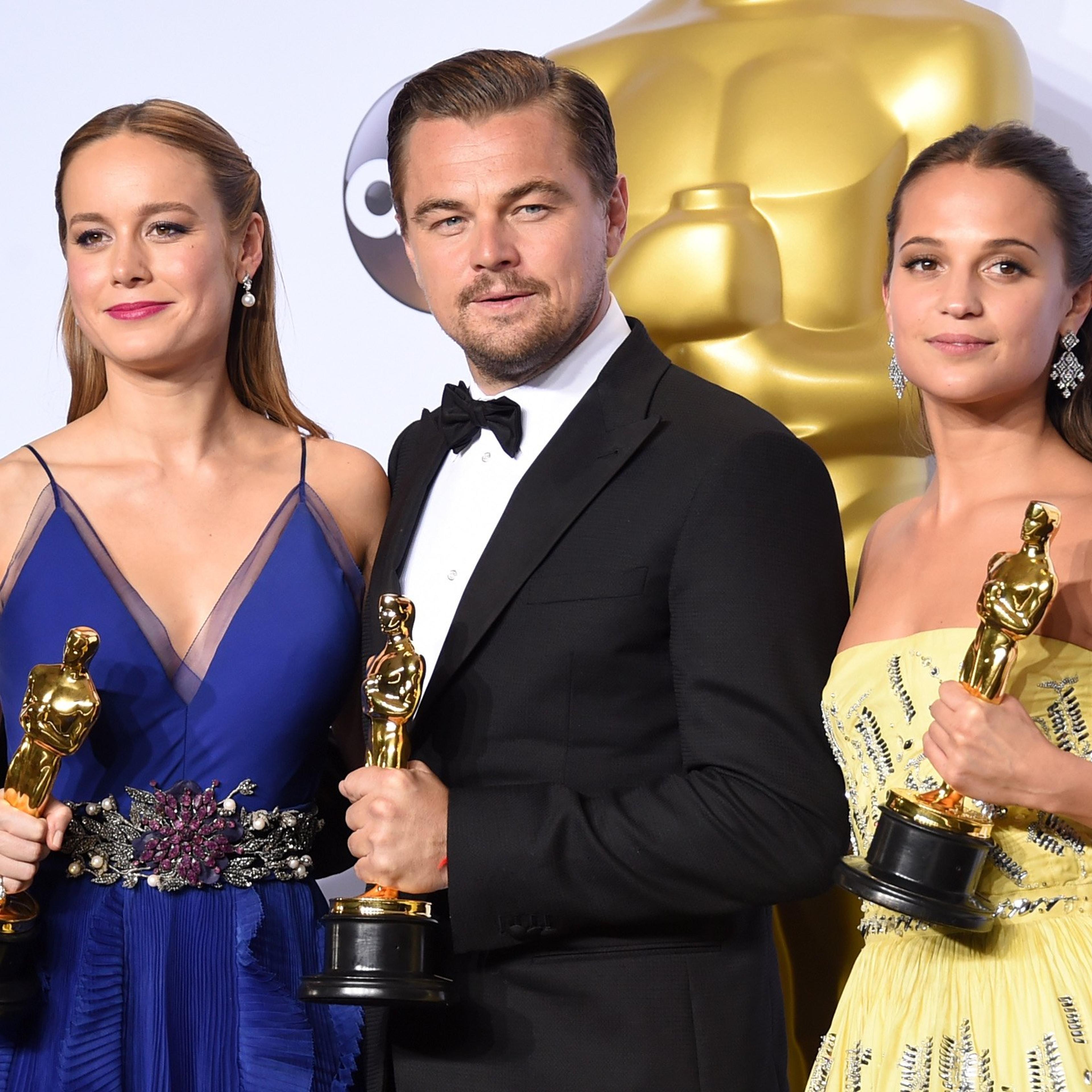 Brie Larson, winner of Best Actress for 'Room,' Leonardo DiCaprio, winner of Best Actor for 'The Revenant,' and Alicia Vikander, winner of Best Supporting Actress for 'The Danish Girl,' pose in the press room during the 88th Annual Academy Awards at Loew