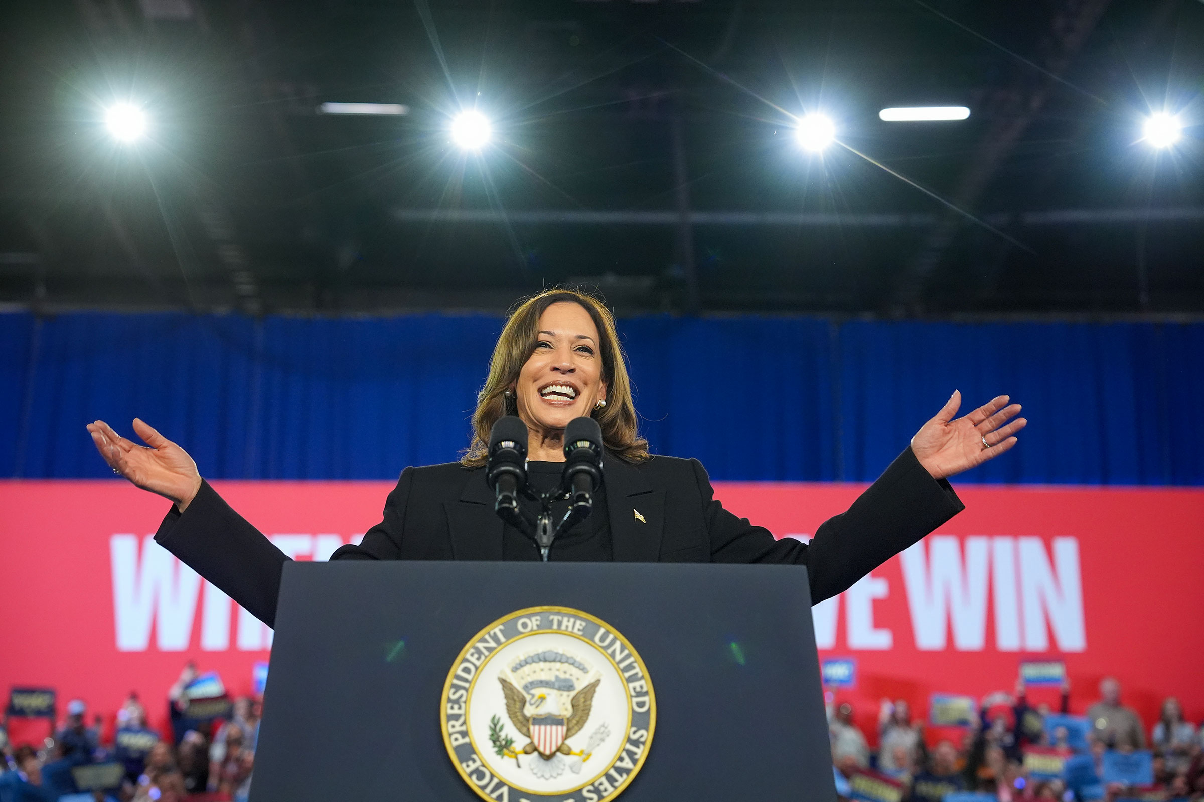 Democratic presidential nominee, Vice President Kamala Harris speaks at a rally in Harrisburg, Pa., on Oct. 30, 2024.