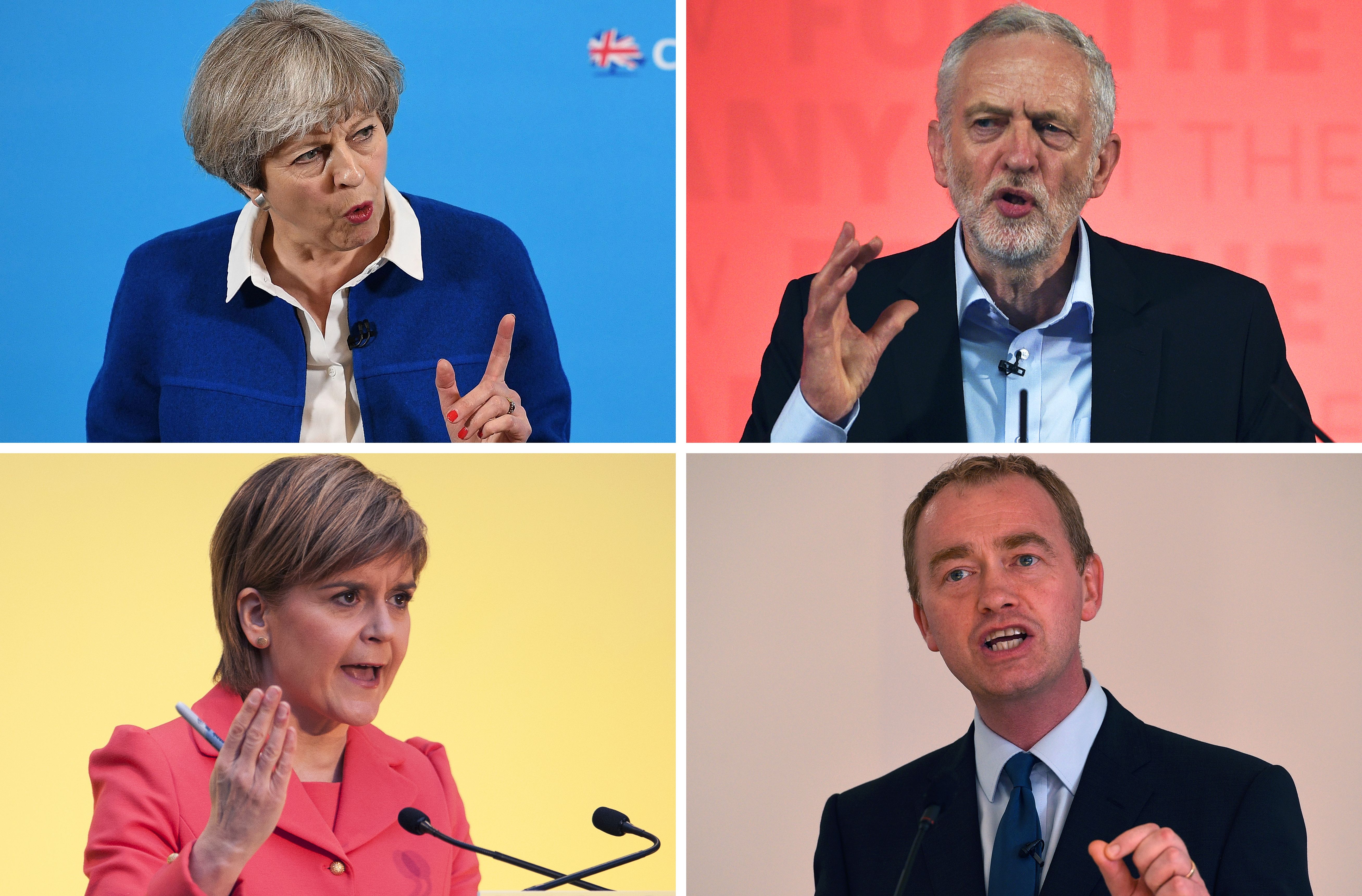 This combination of pictures made on June 6, 2017, shows Britain's Prime Minister Theresa May (top L), Britain's main opposition Labour Party leader Jeremy Corbyn (top R), Scotland's First Minister and leader of the Scottish National Party Nicola Sturgeo