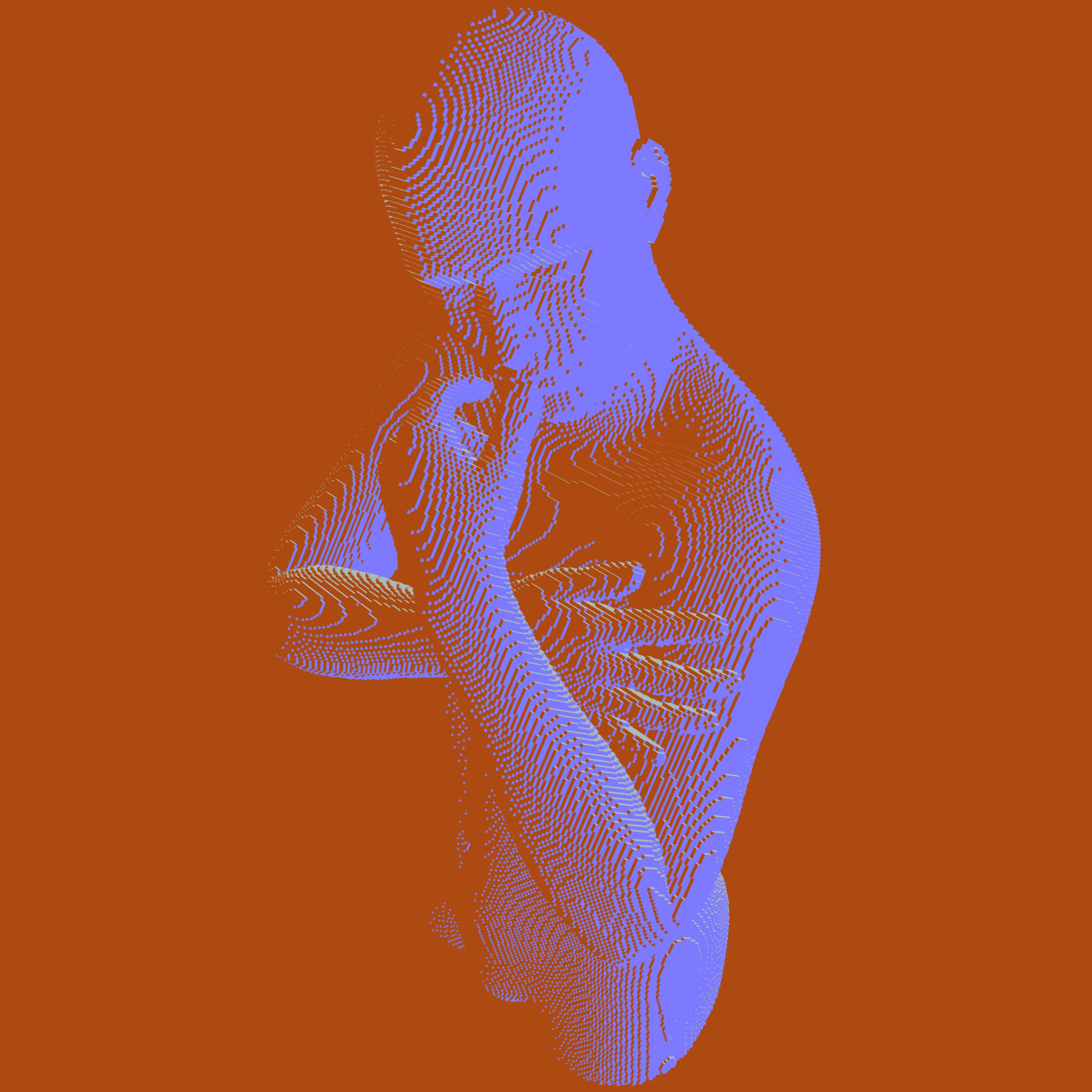 A man with his hand on his chin as though he was thinking. Artificial intelligence concept. Searching for answers. Digital technology background. Voxel art. 3D vector illustration.